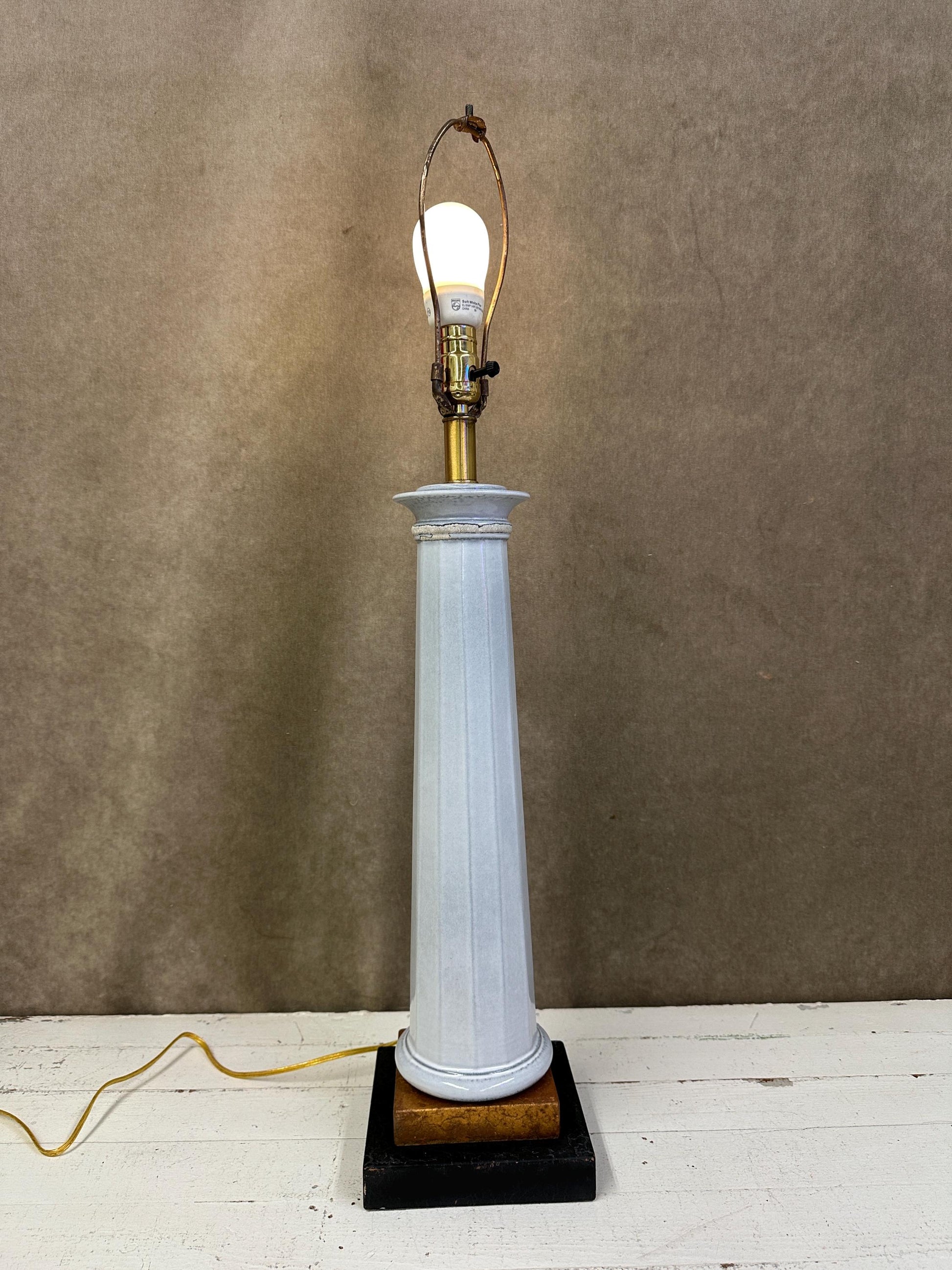 Tall Ceramic Column Lamp on Gold and Black Base
