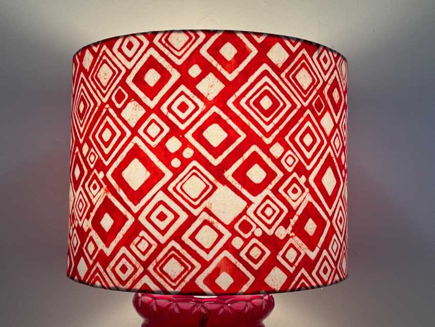 Red and White, Geometric Patterned, Batik Handmade Drum Lampshade, 12”