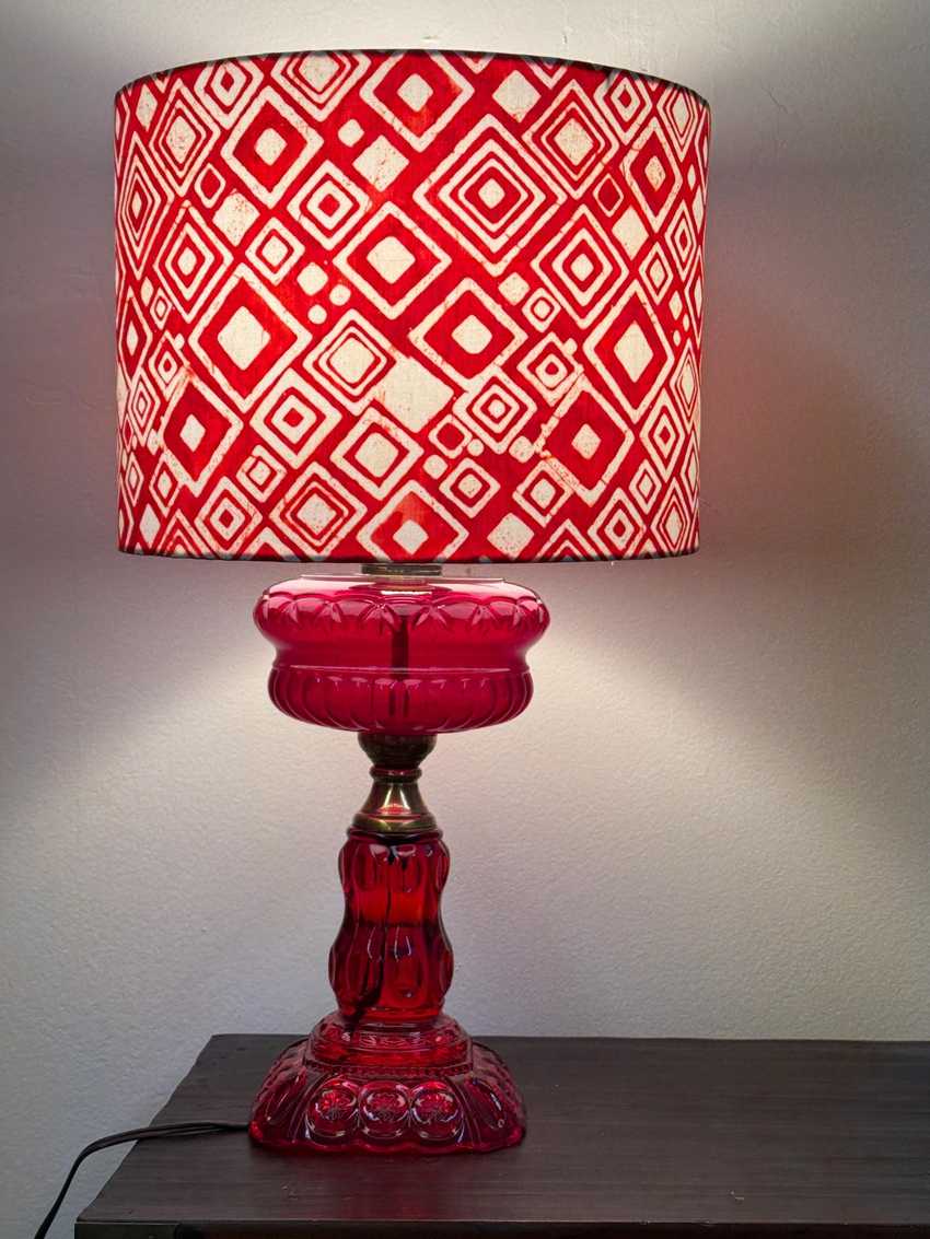 Red and White, Geometric Patterned, Batik Handmade Drum Lampshade, 12”