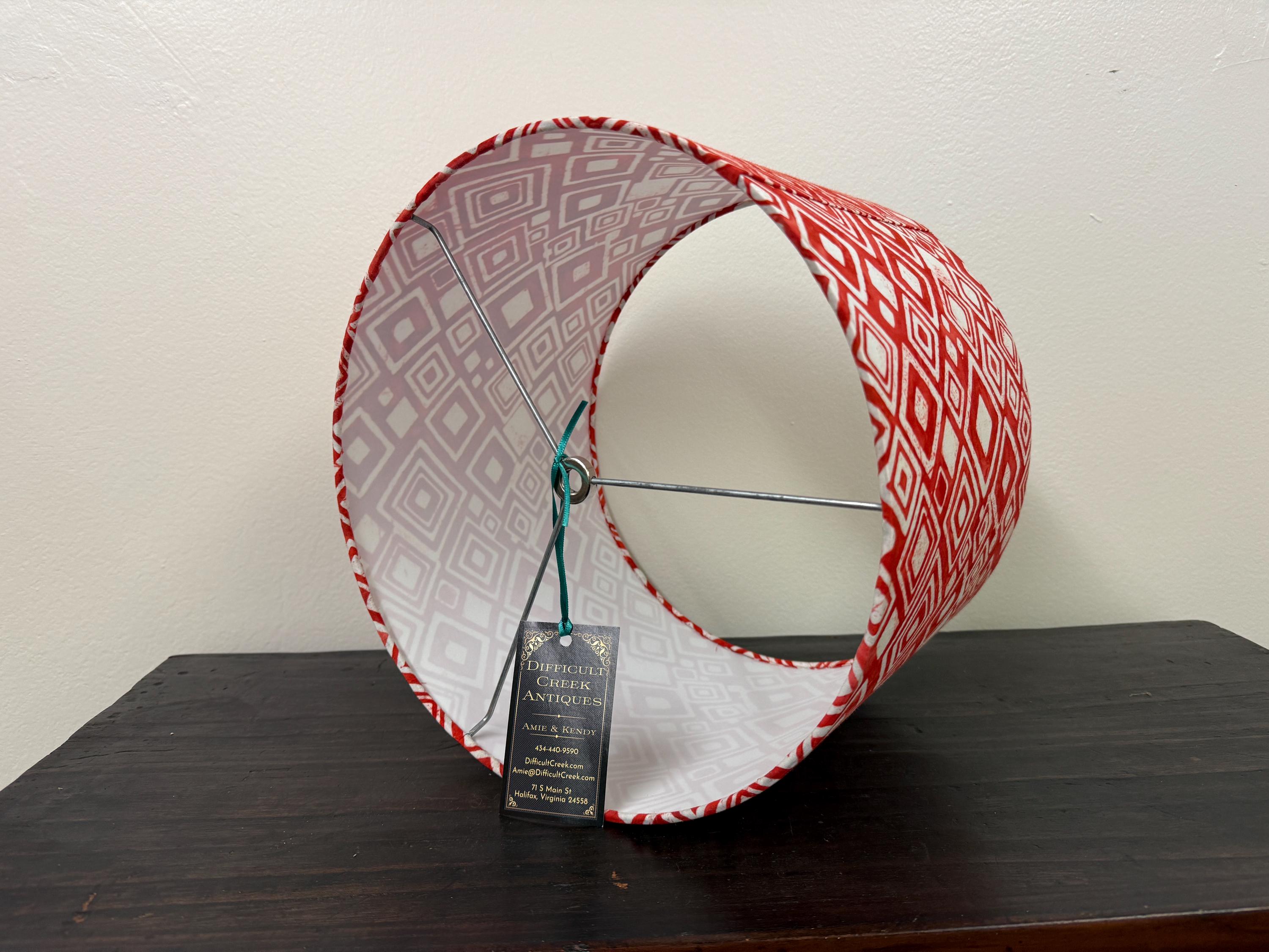 Red and White, Geometric Patterned, Batik Handmade Drum Lampshade, 12”