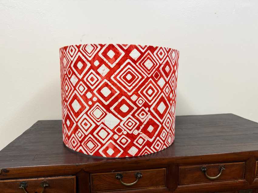 Red and White, Geometric Patterned, Batik Handmade Drum Lampshade, 12”