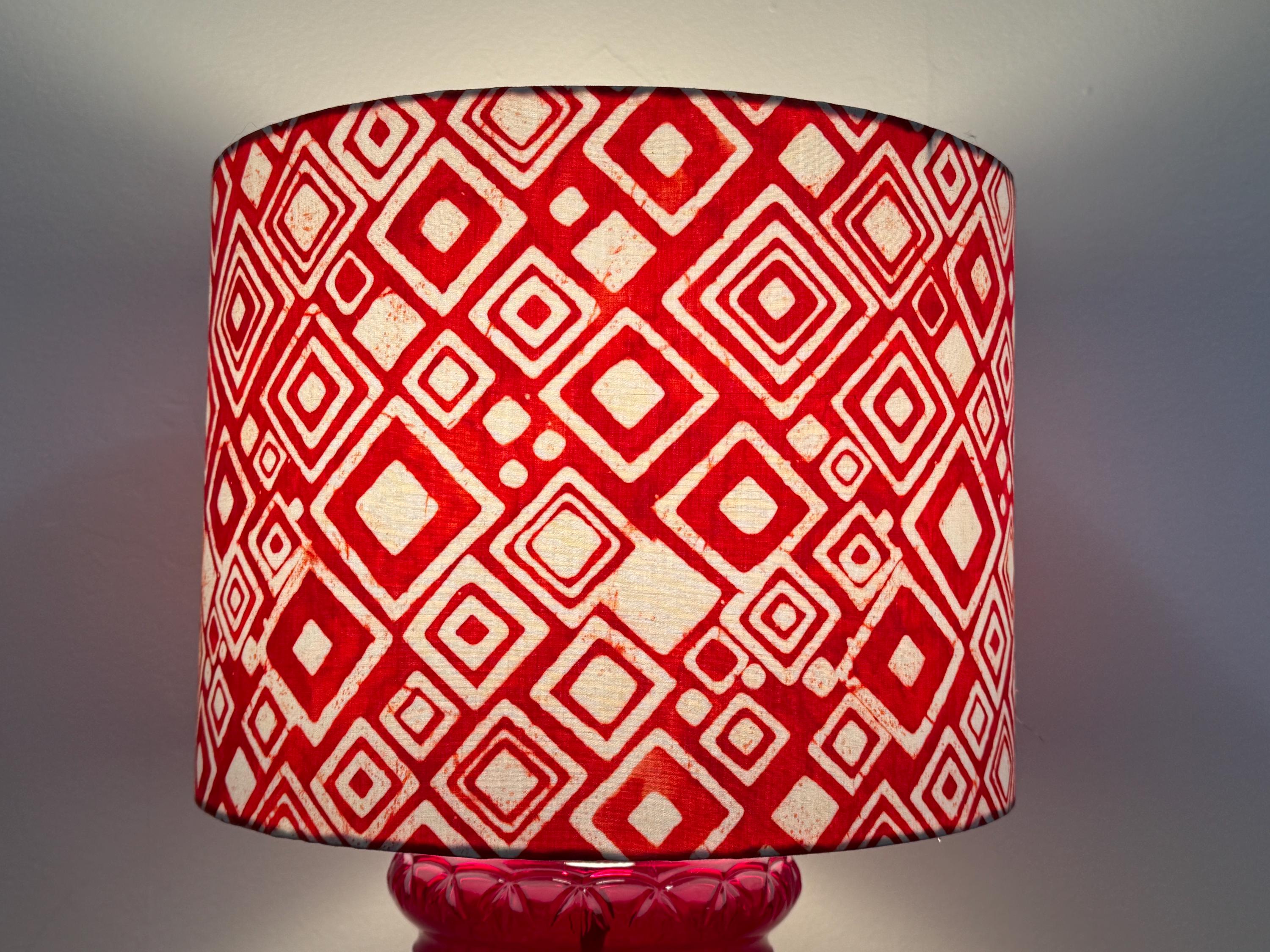 Red and White, Geometric Patterned, Batik Handmade Drum Lampshade, 12”