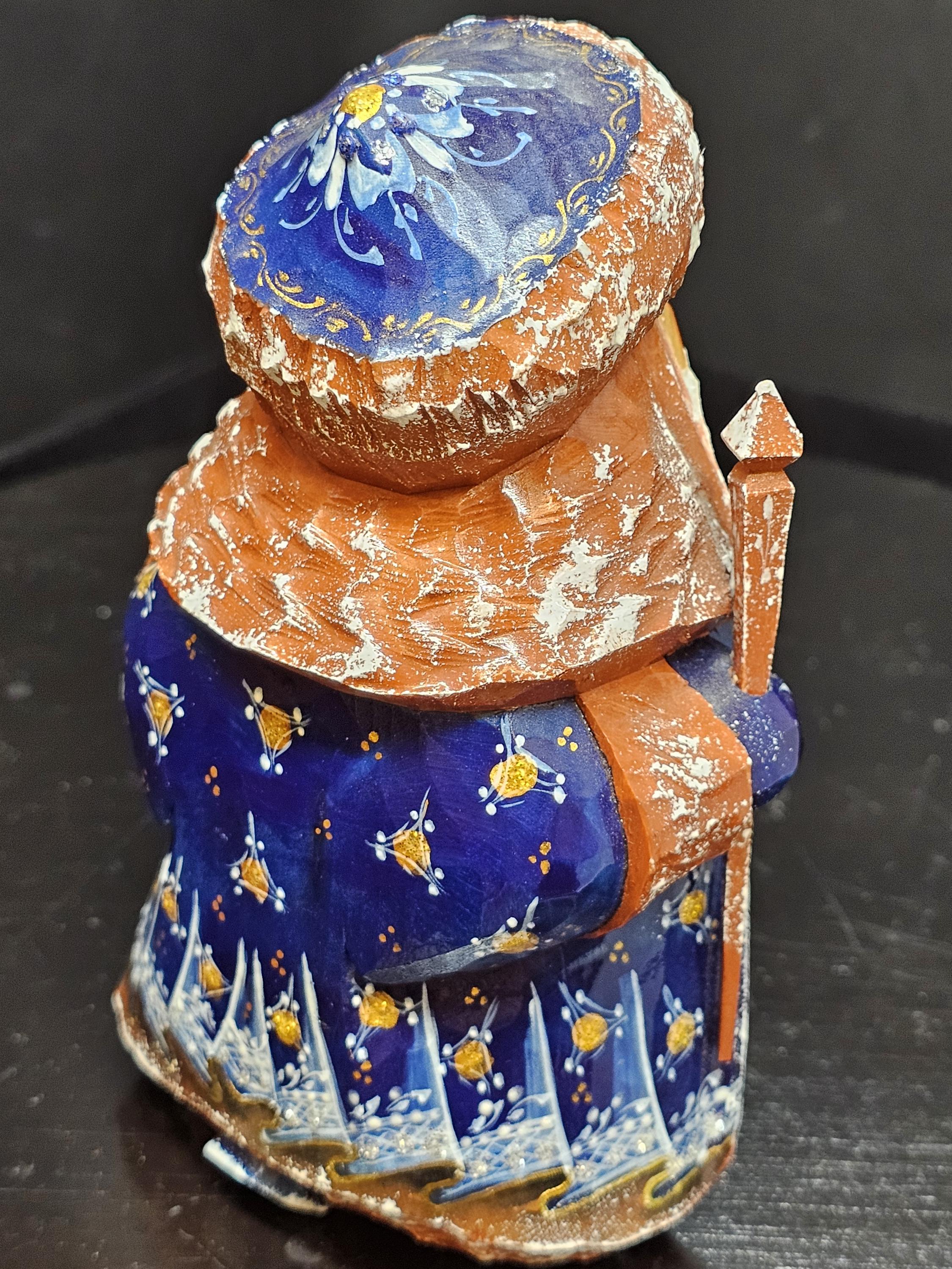 Russian Grandfather Frost Hand-carved wood, signed, Palekh style painting.
