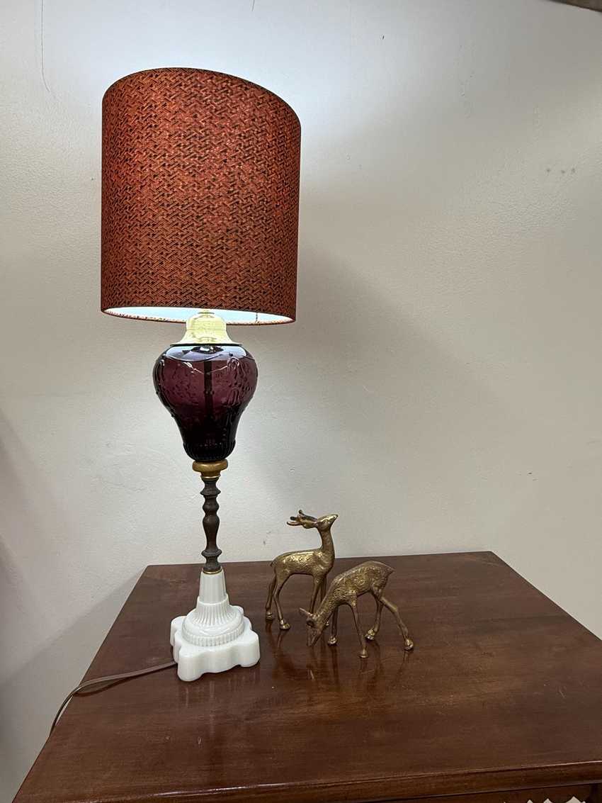 Vintage Deep Purple Glass Table Lamp, Amethyst Retro Glass Lamp, Mid Century Art Deco Amethyst Lamp