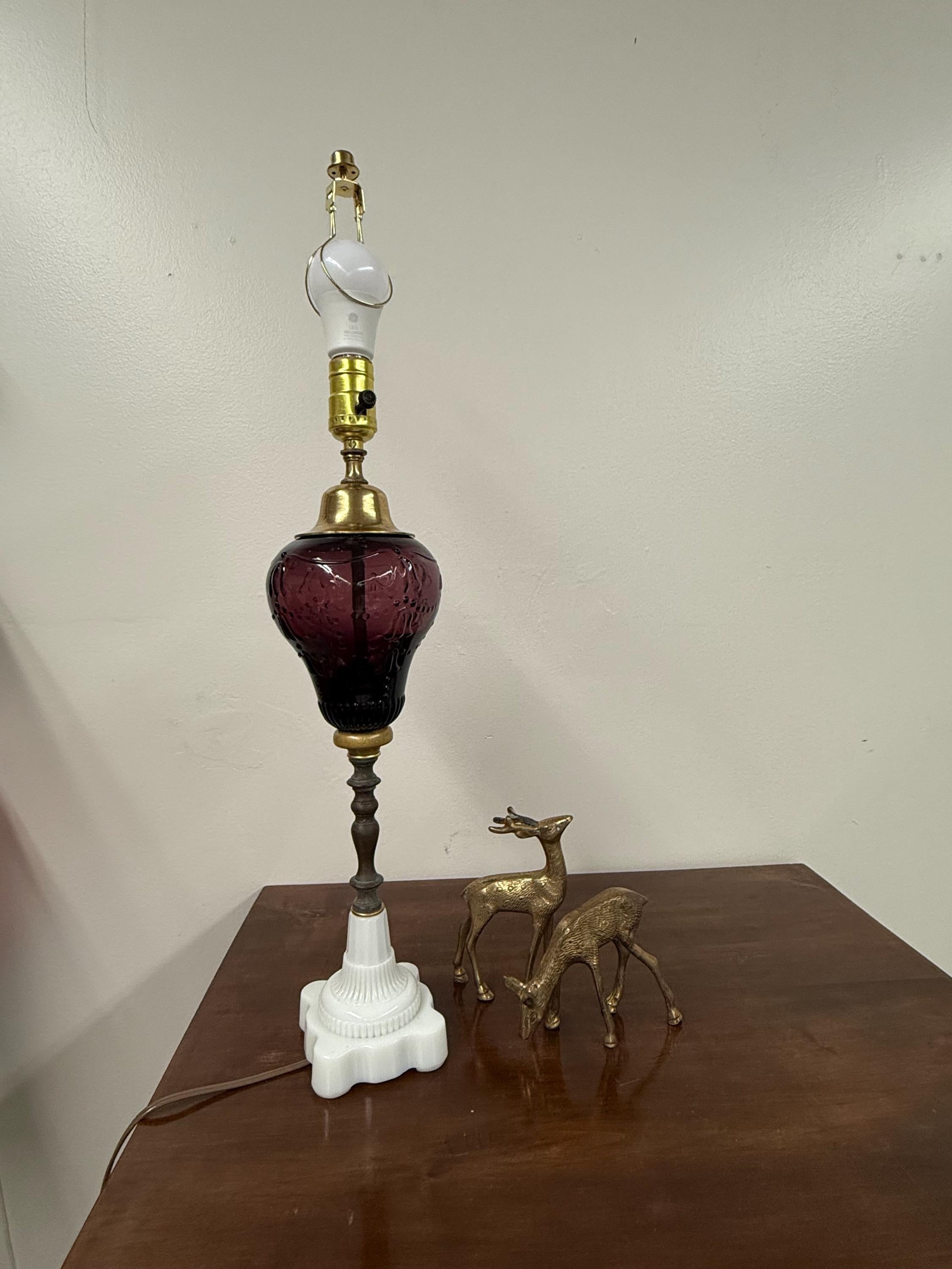 Vintage Deep Purple Glass Table Lamp, Amethyst Retro Glass Lamp, Mid Century Art Deco Amethyst Lamp
