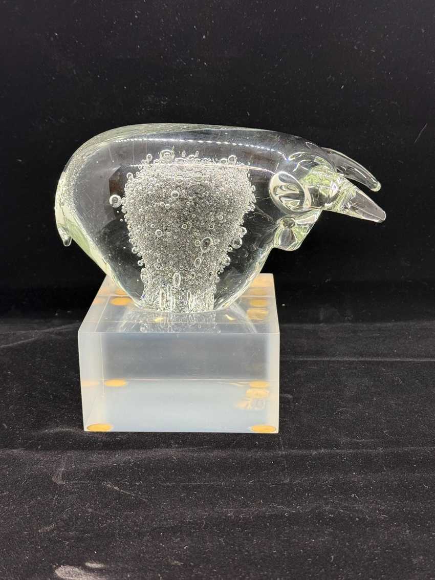Vintage Clear Controlled Hand Blown Glass Bull, Hand Blown Glass Sculpture, Art Glass Figurine