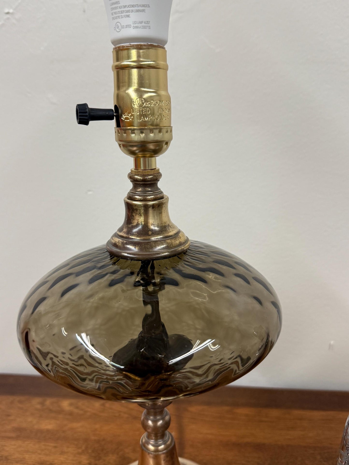 Smokey Grey Glass and Brass Lamp