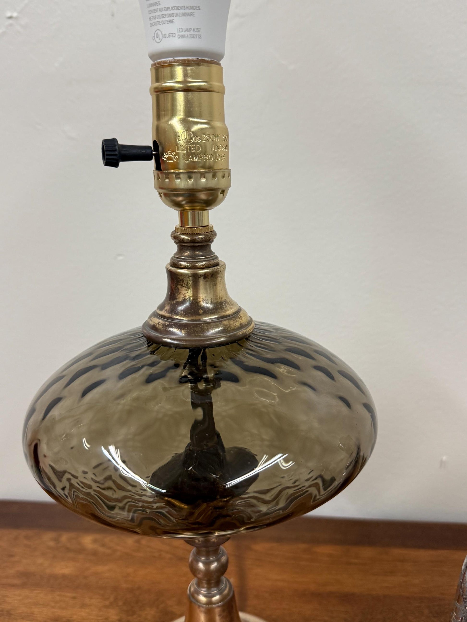 Smokey Grey Glass and Brass Lamp