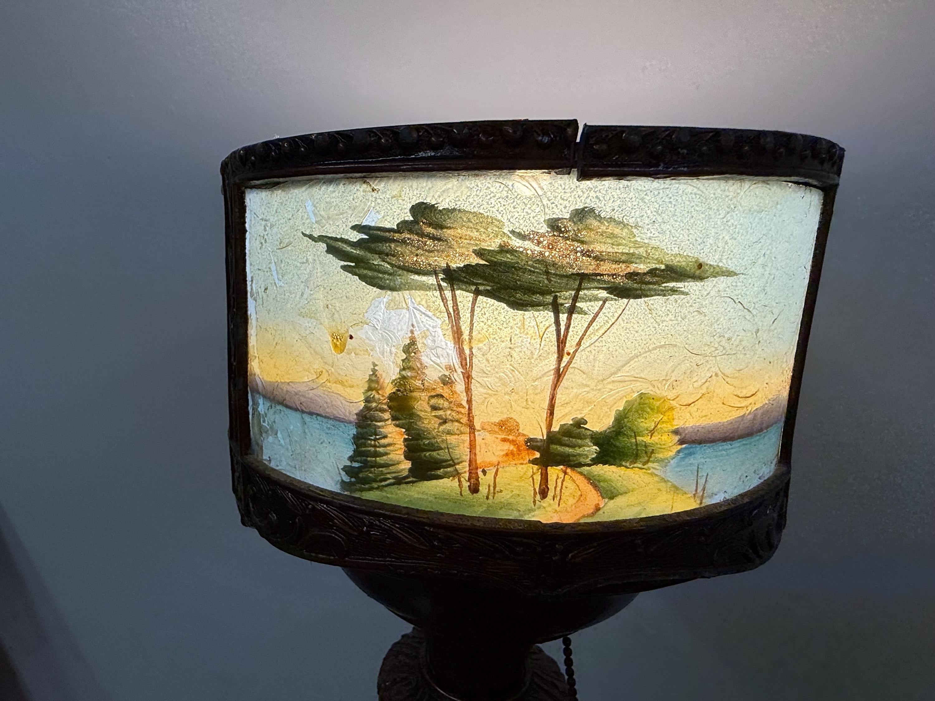 1920s Reverse Painted Working Tall Table Lamp, Vintage Antique Vintage Lighting, Art Deco Decorative Table Lamp