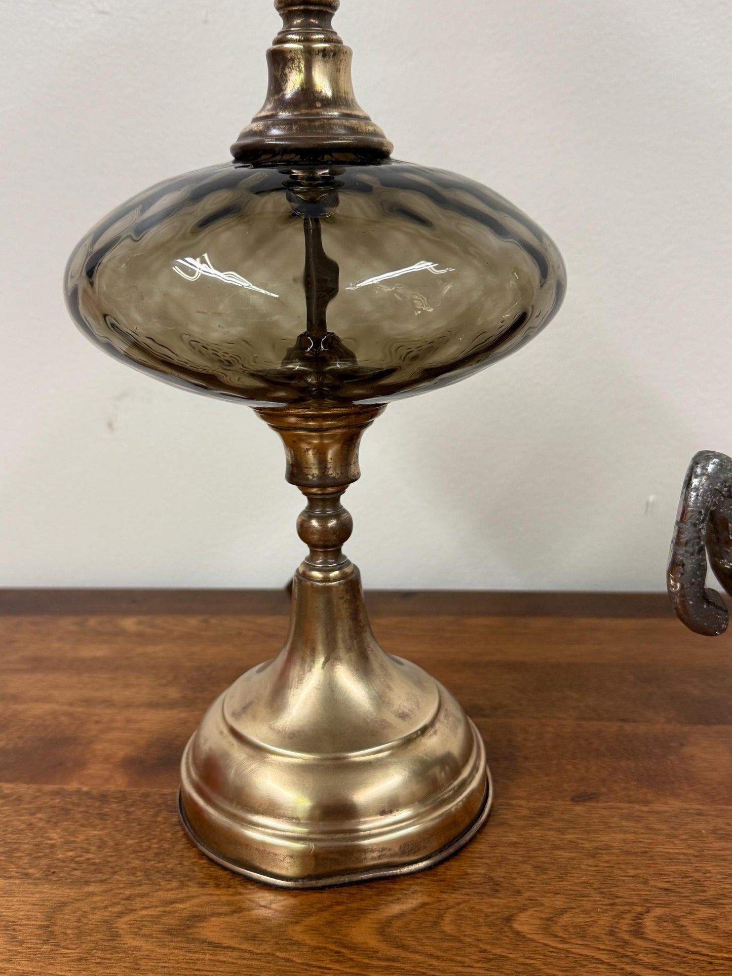 Smokey Grey Glass and Brass Lamp