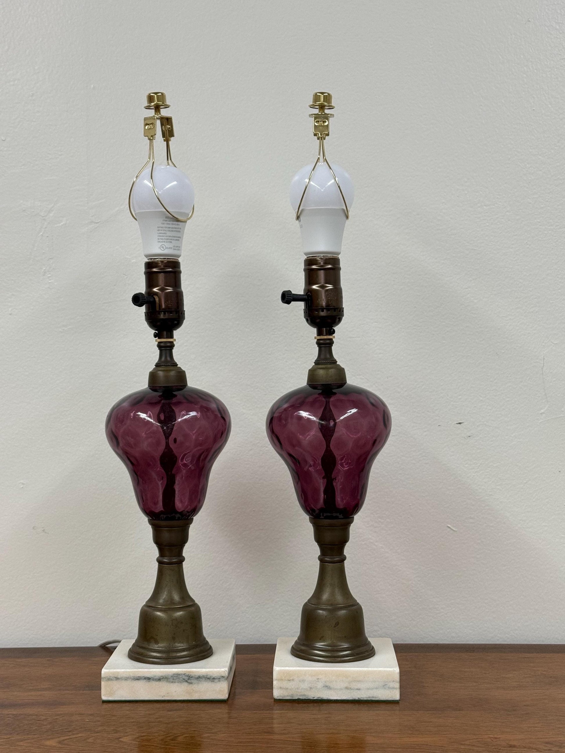 Vintage Amethyst / Purple Thumprint Glass Lamps, PAIR