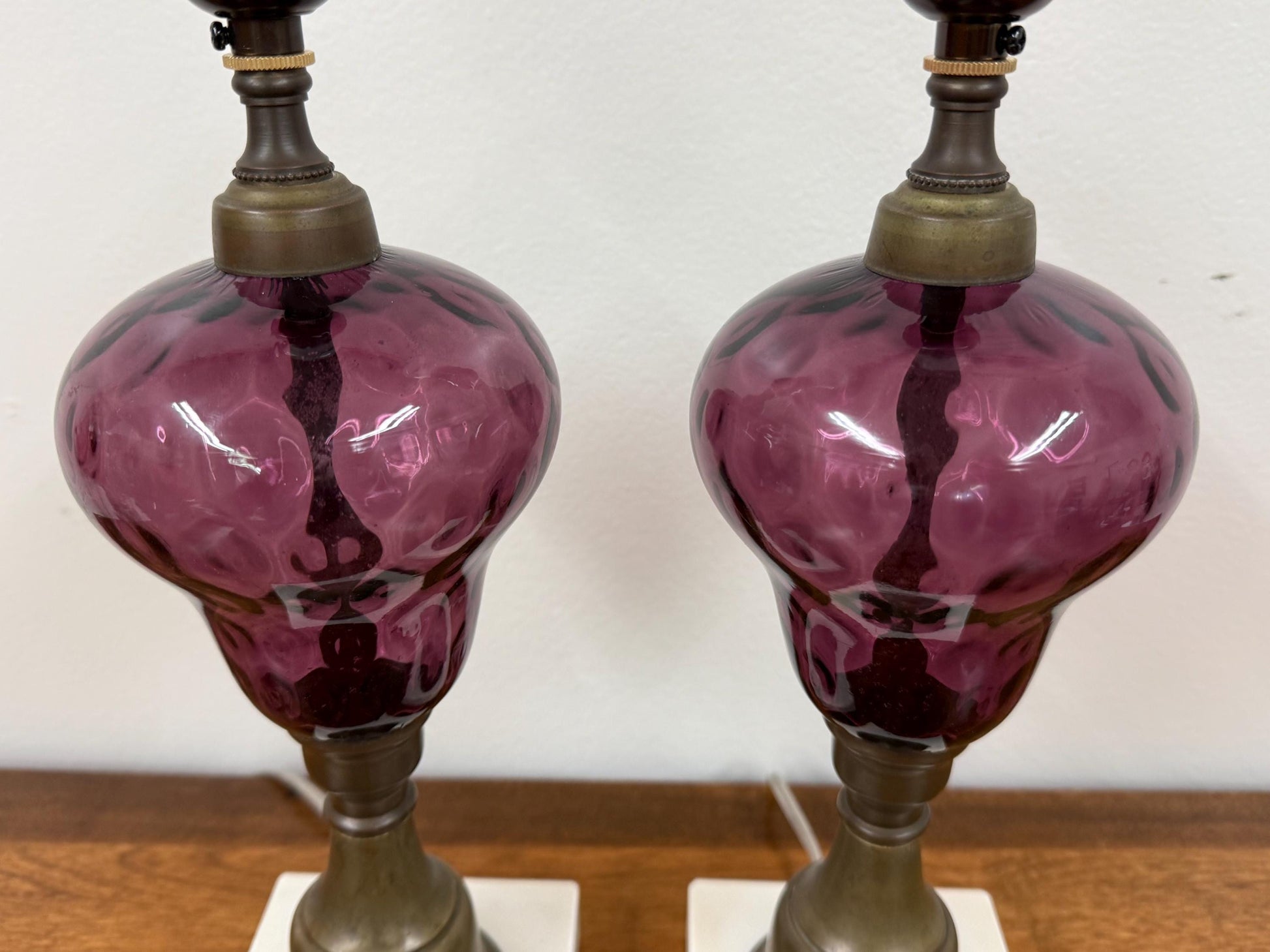 Vintage Amethyst / Purple Thumprint Glass Lamps, PAIR