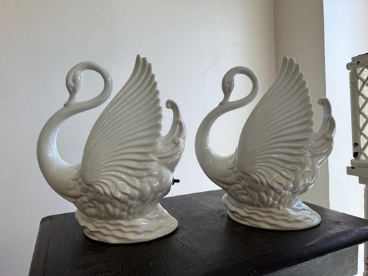 Pair of White MCM Swan TV Lamps