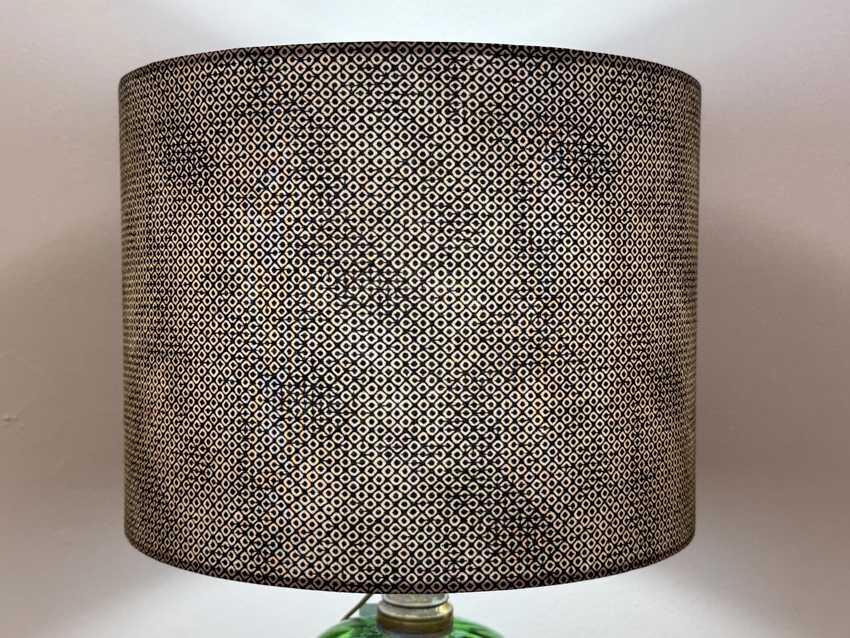 12 Inch Drum Lampshade Covered in Black Shibori Patterned Cotton