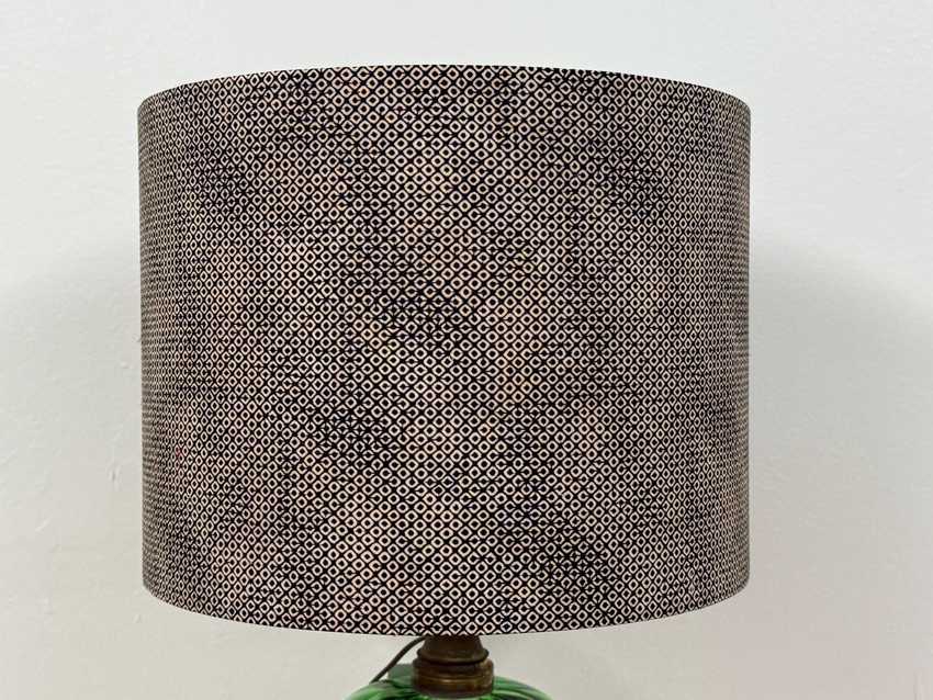 12 Inch Drum Lampshade Covered in Black Shibori Patterned Cotton