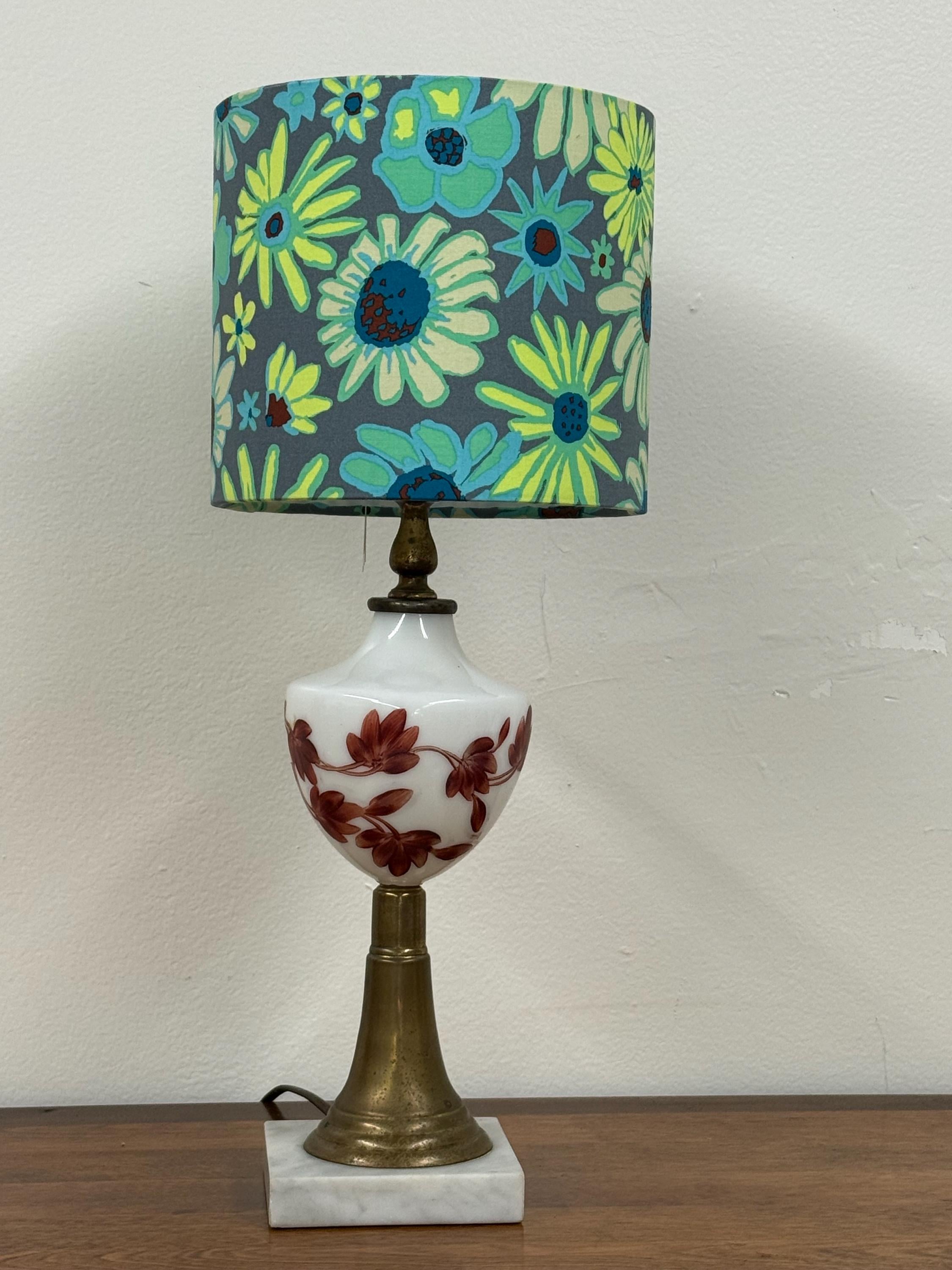 Vintage Painted Milk Glass and Brass Lamp