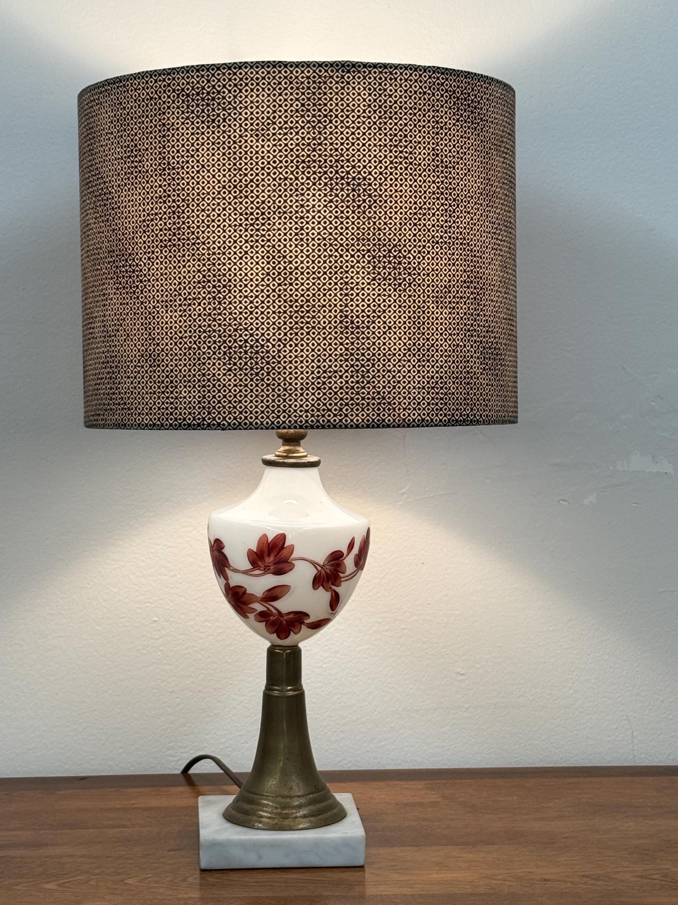 Vintage Painted Milk Glass and Brass Lamp