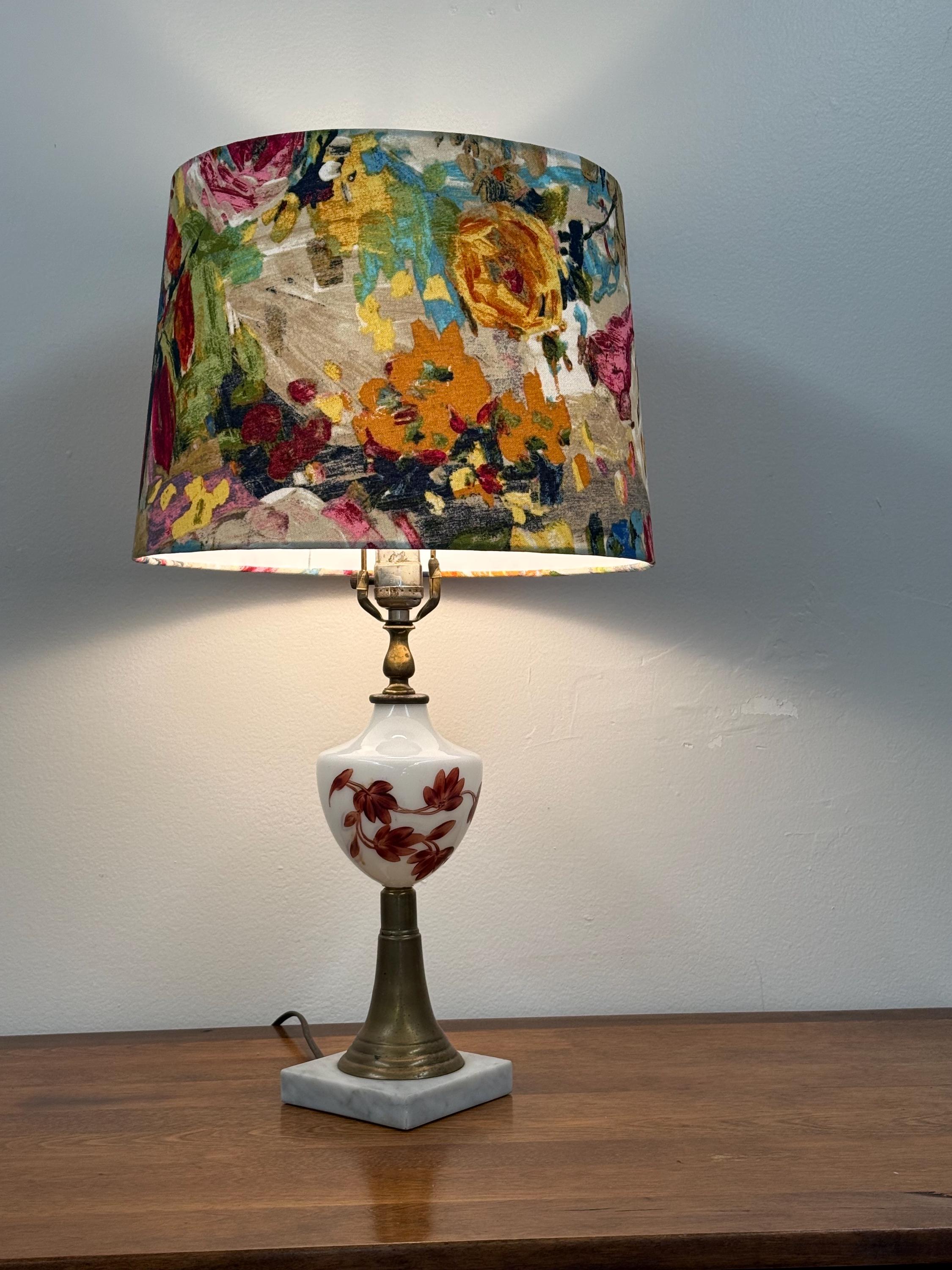 Vintage Painted Milk Glass and Brass Lamp