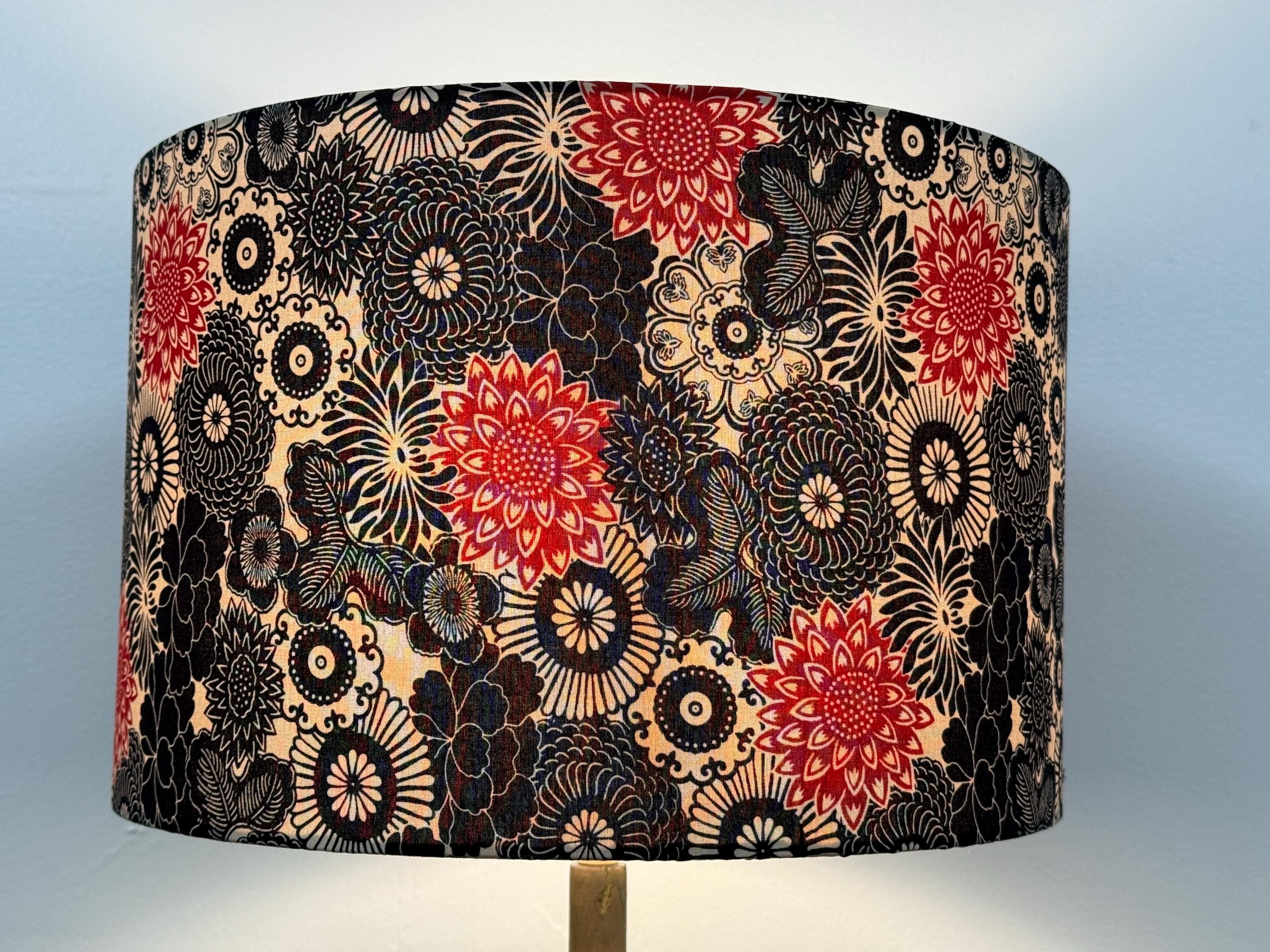 Red and Black Floral Cotton Drum Lampshade - Multiple Sizes Available