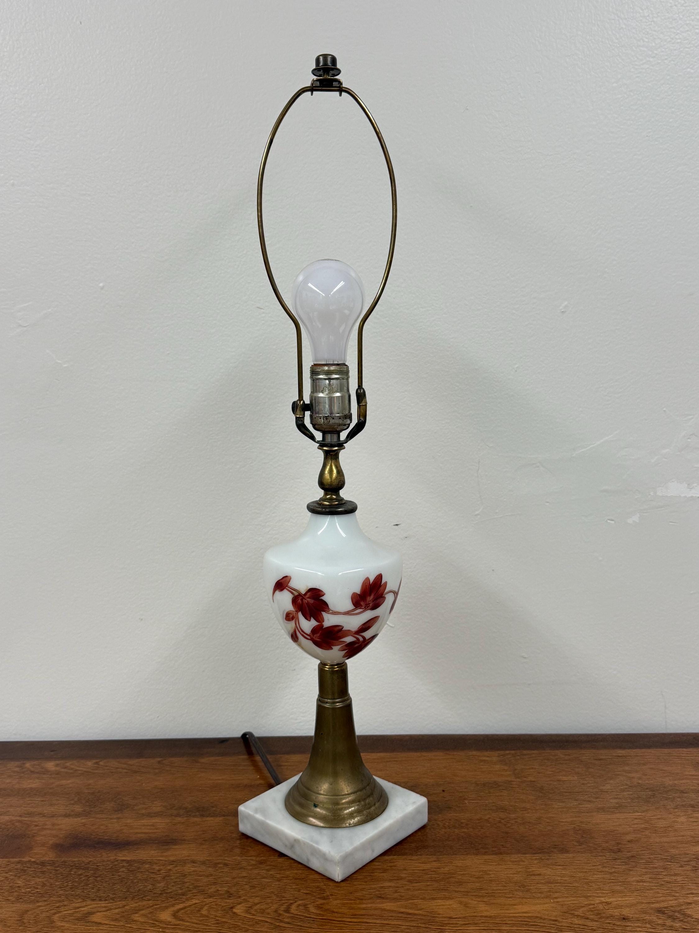 Vintage Painted Milk Glass and Brass Lamp