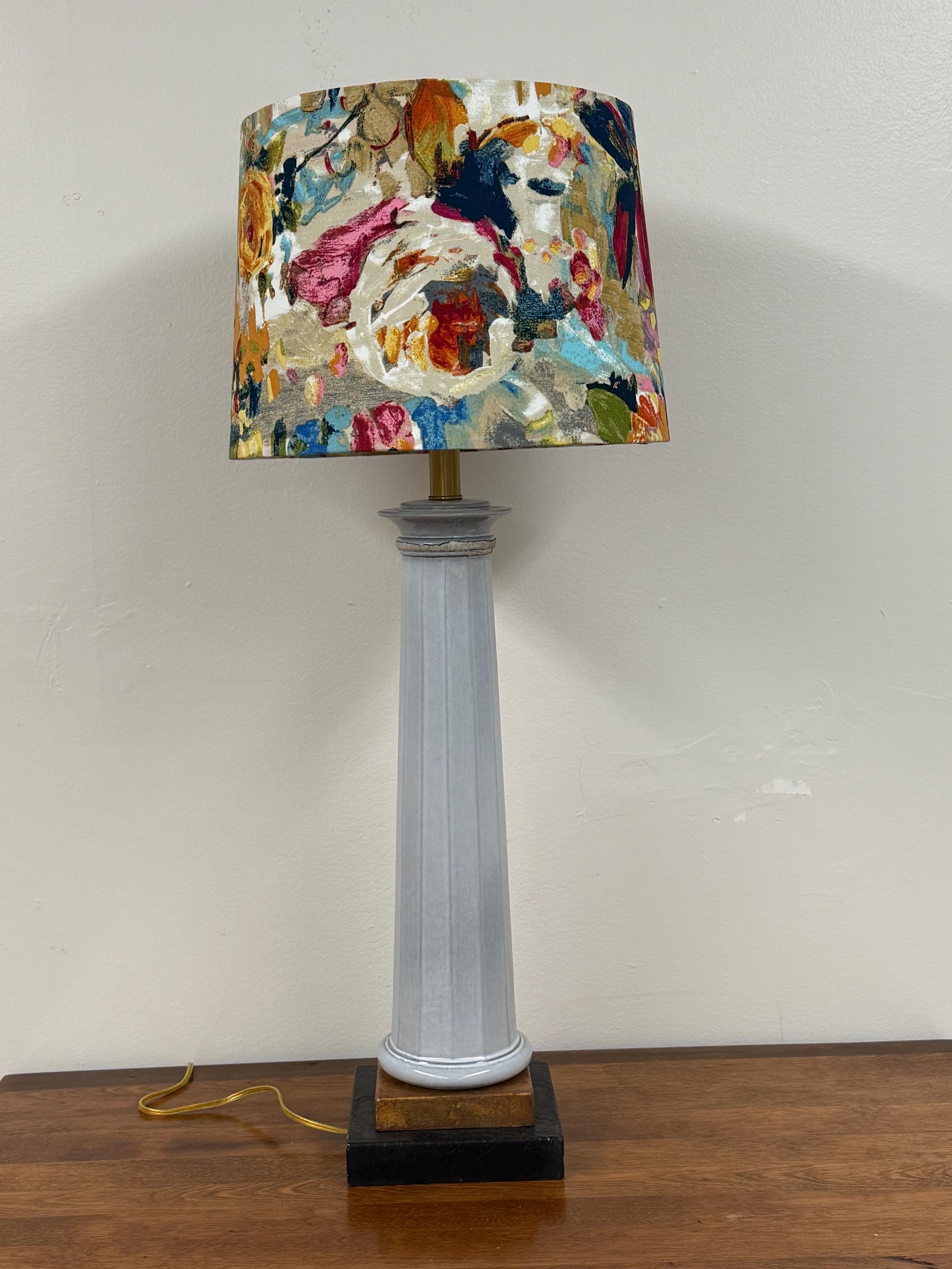 Tall Ceramic Column Lamp on Gold and Black Base