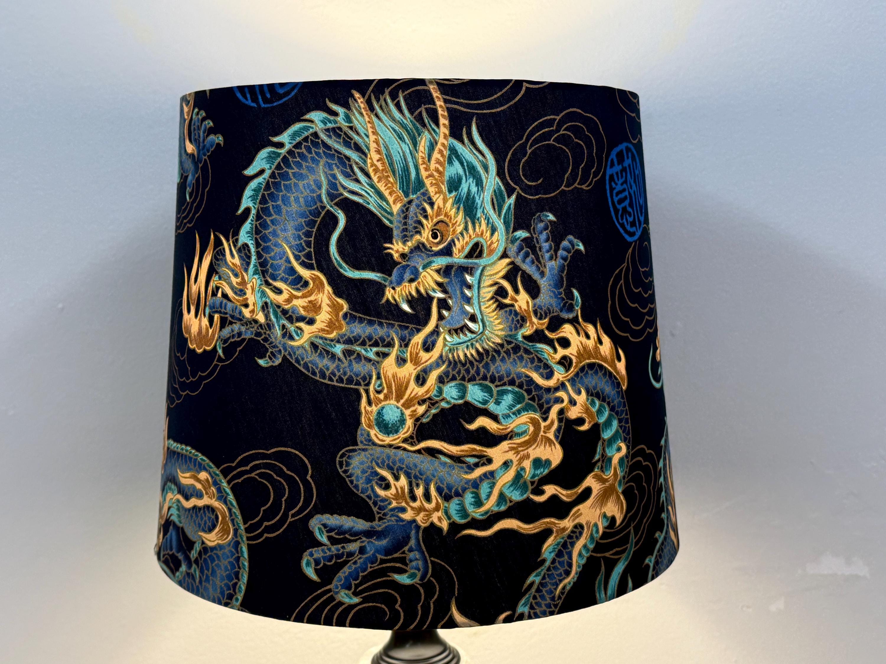 12” Medium Empire Lampshade in Navy and Gold Dragons