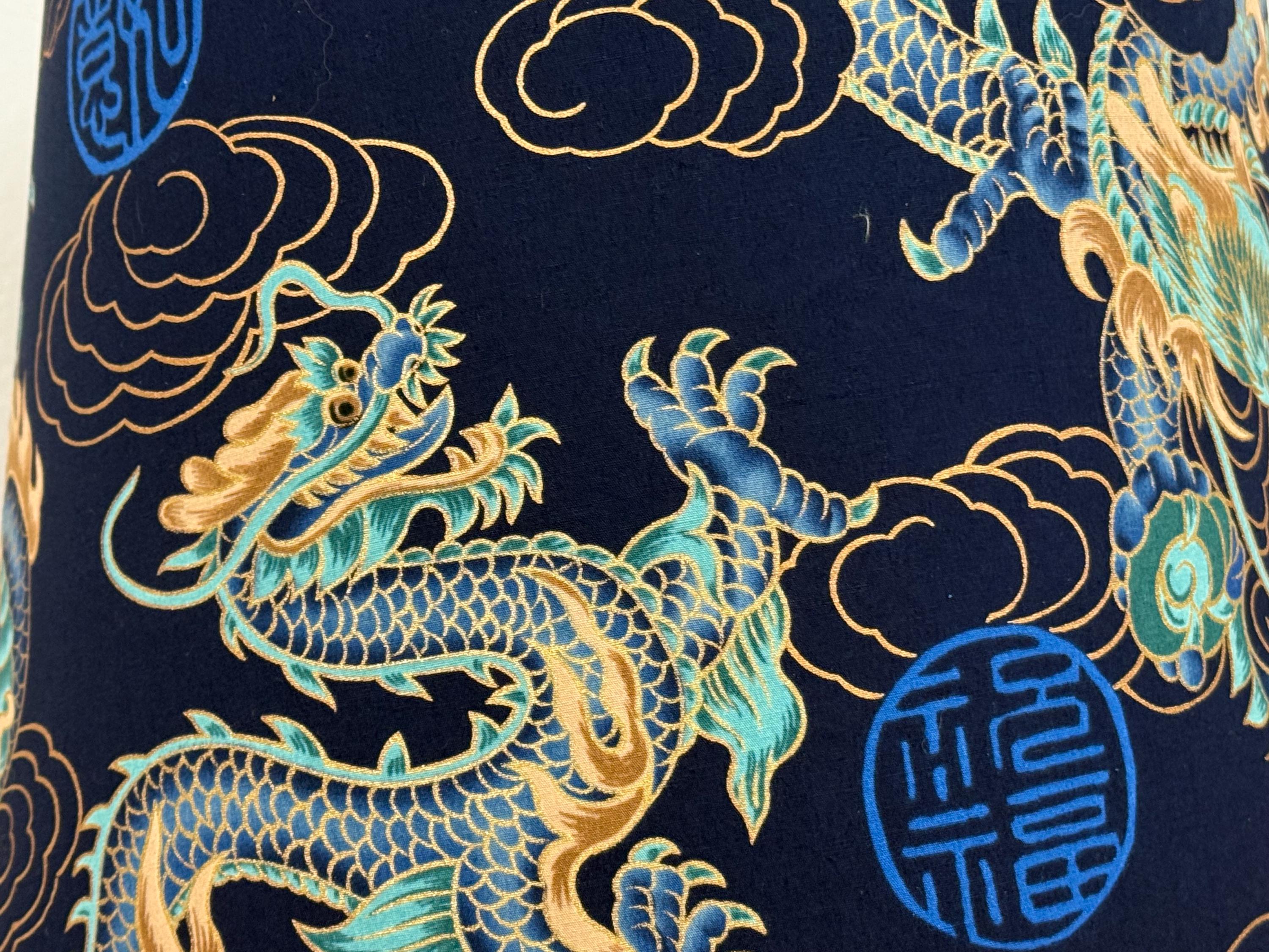 12” Medium Empire Lampshade in Navy and Gold Dragons