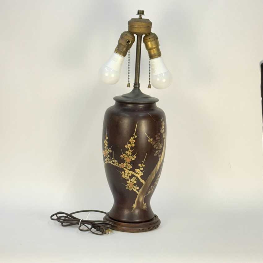 Brown Asian Lamp with Metallic Cherry Blossoms
