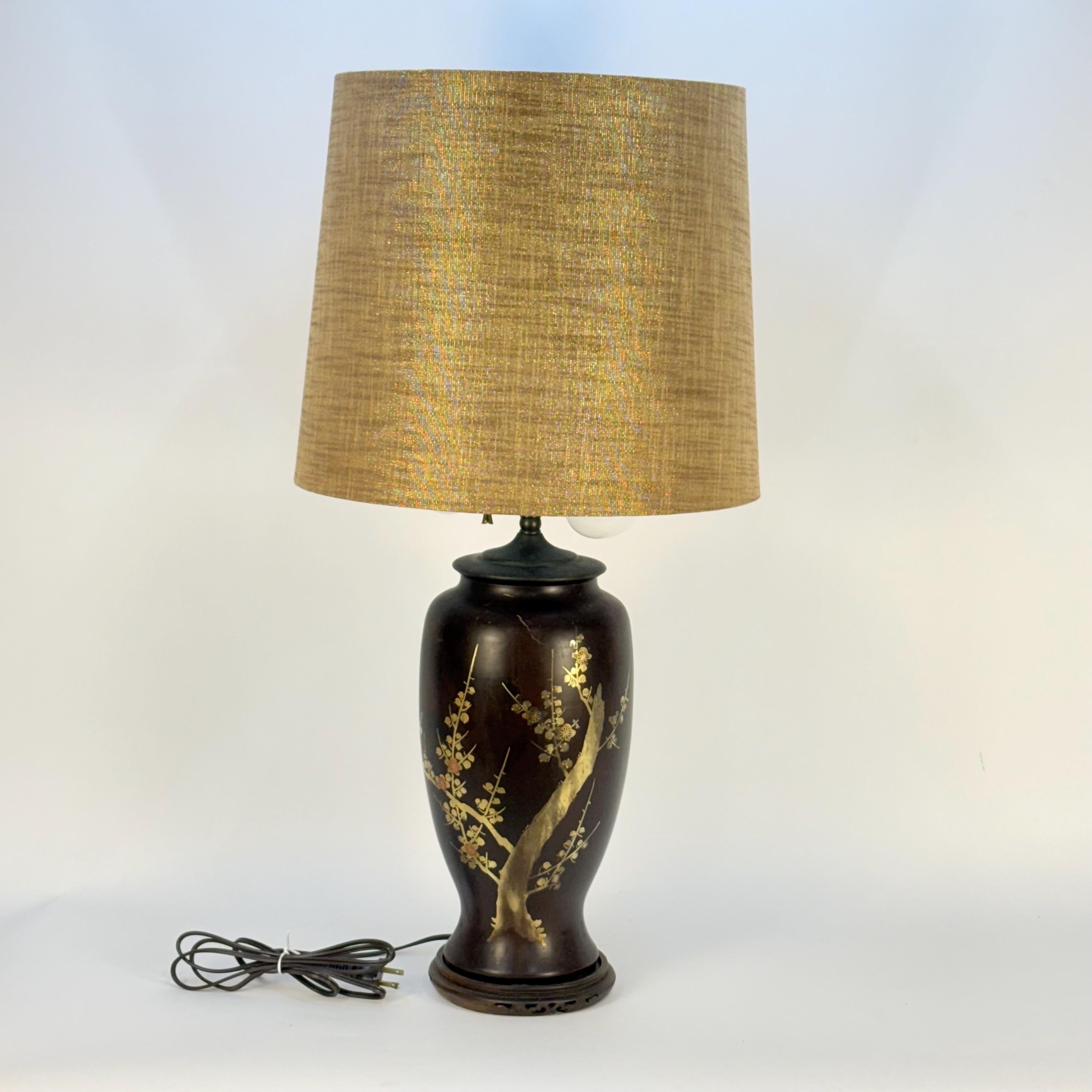 Brown Asian Lamp with Metallic Cherry Blossoms