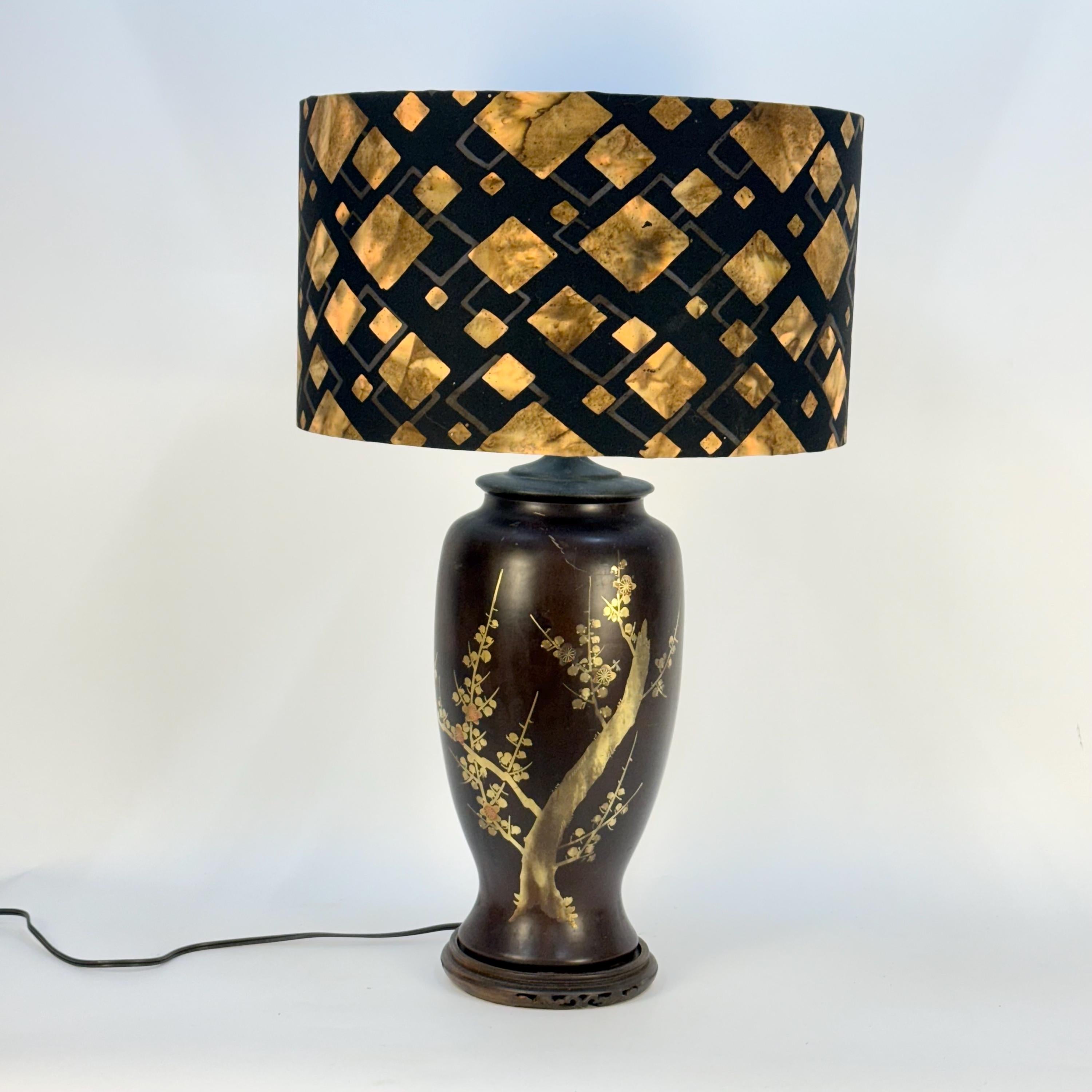 Brown Asian Lamp with Metallic Cherry Blossoms