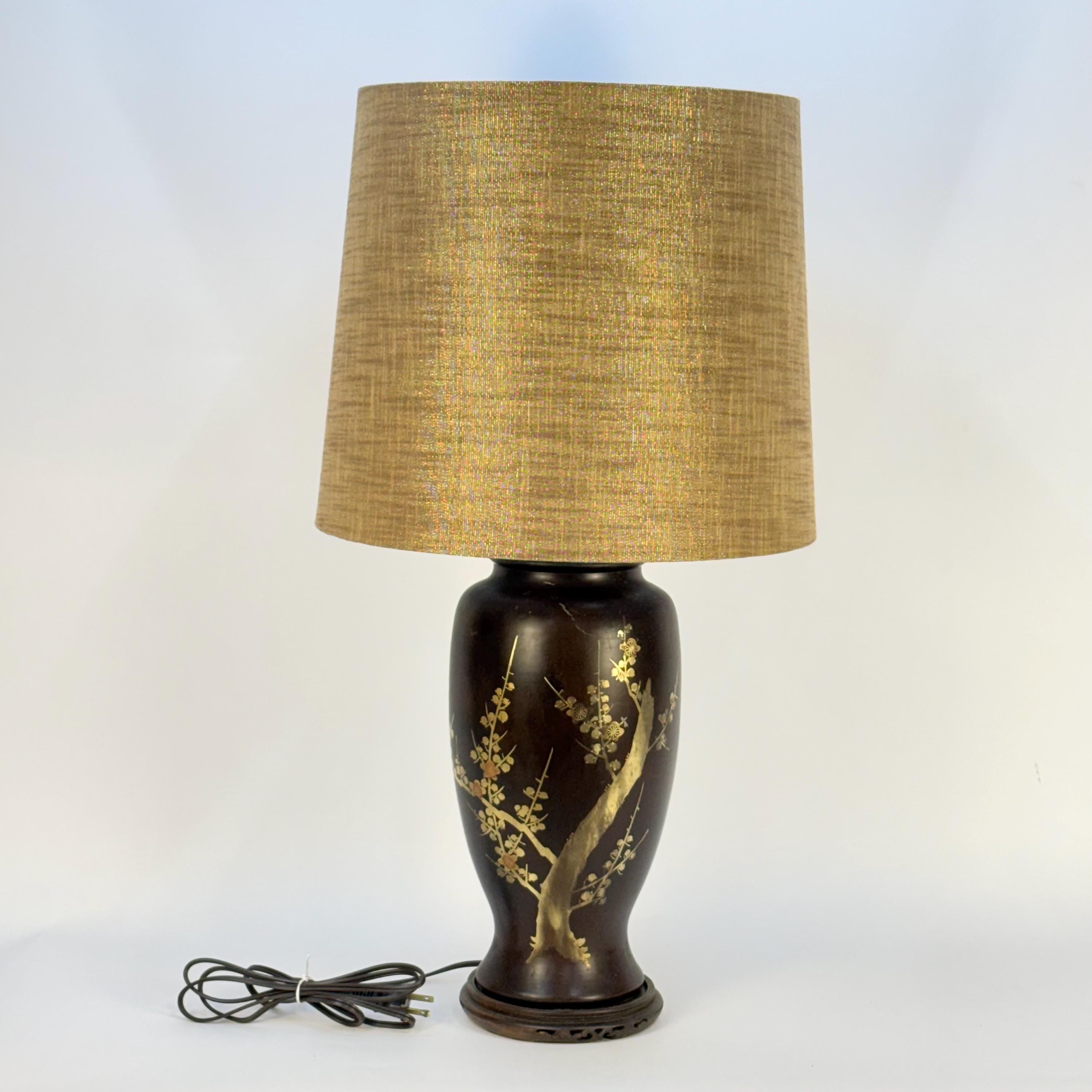 Brown Asian Lamp with Metallic Cherry Blossoms