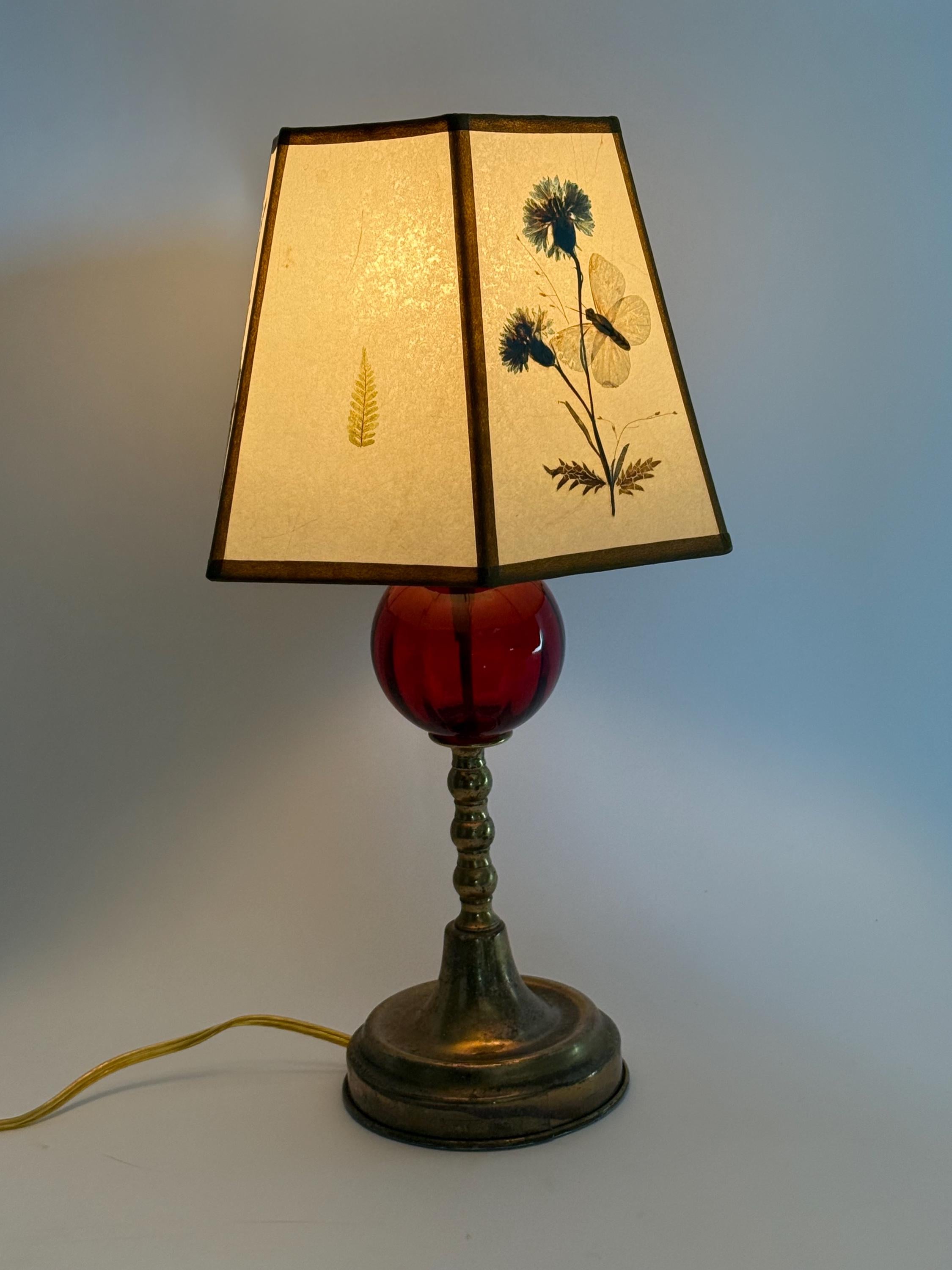 Small Red Glass and Brass Vintage Lamp