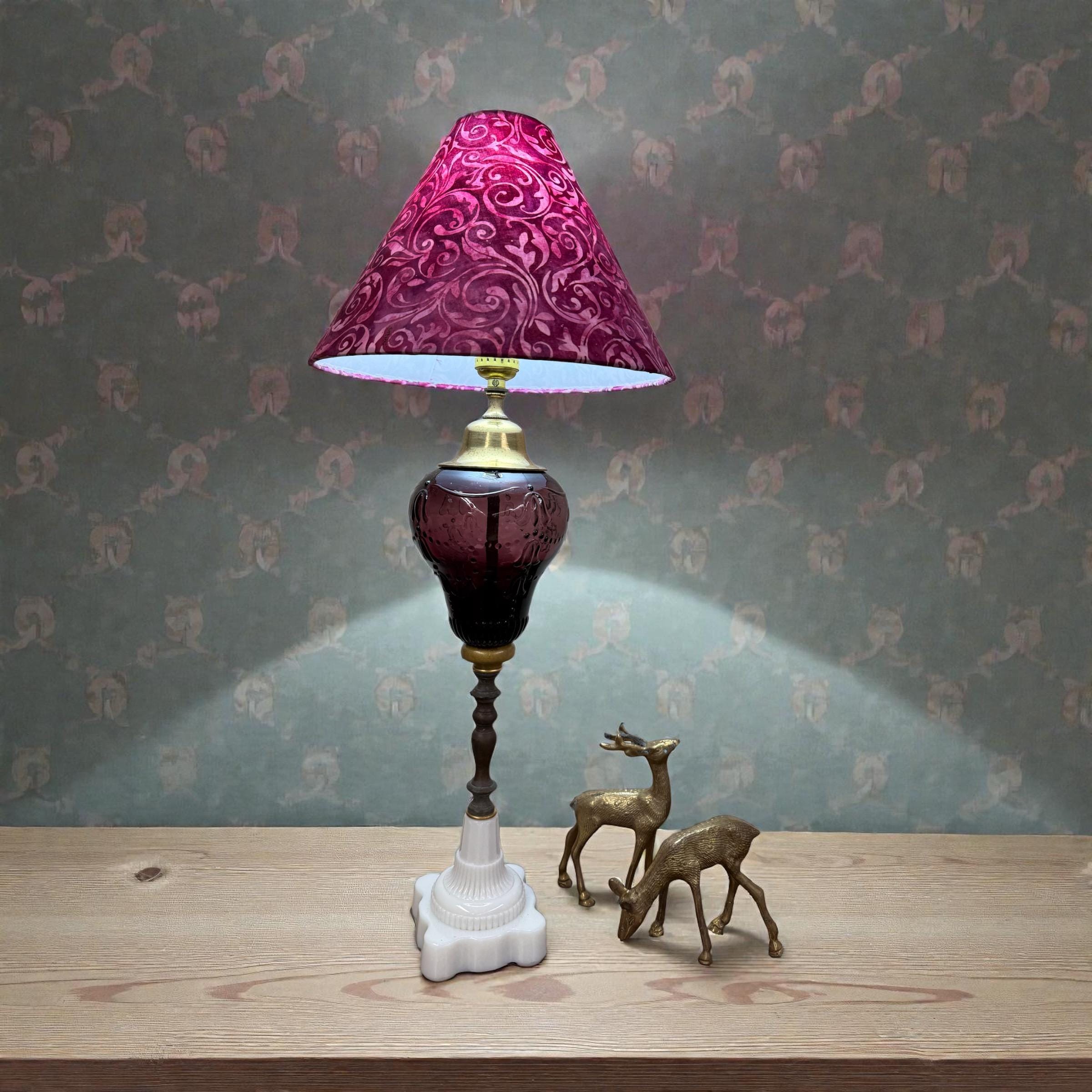 Vintage Deep Purple Glass Table Lamp, Amethyst Retro Glass Lamp, Mid Century Art Deco Amethyst Lamp