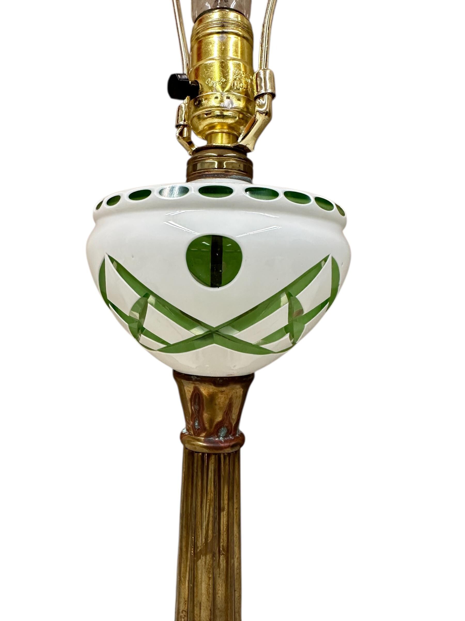 Bohemian Czech Emerald and White Cut Glass Lamp