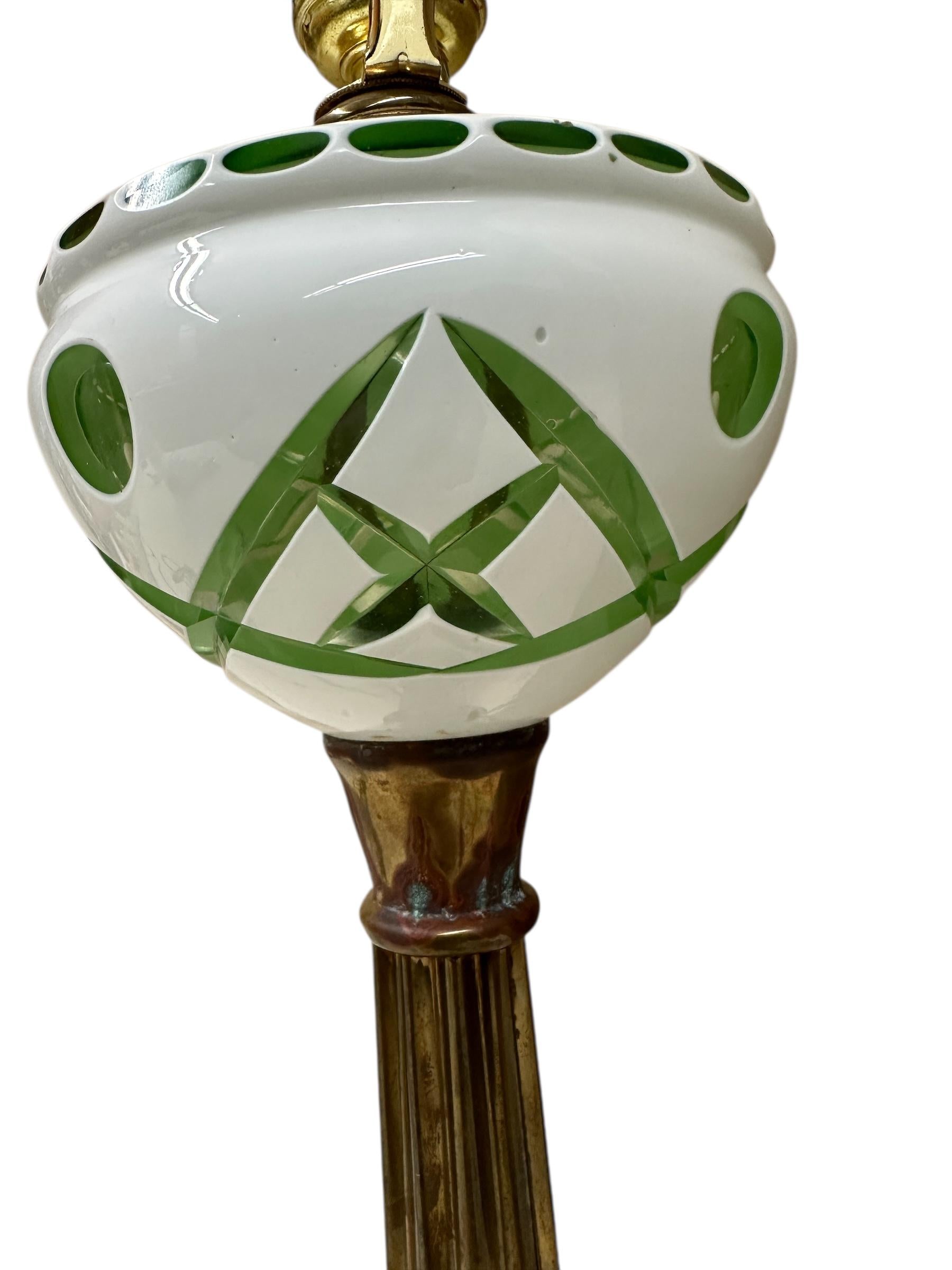 Bohemian Czech Emerald and White Cut Glass Lamp