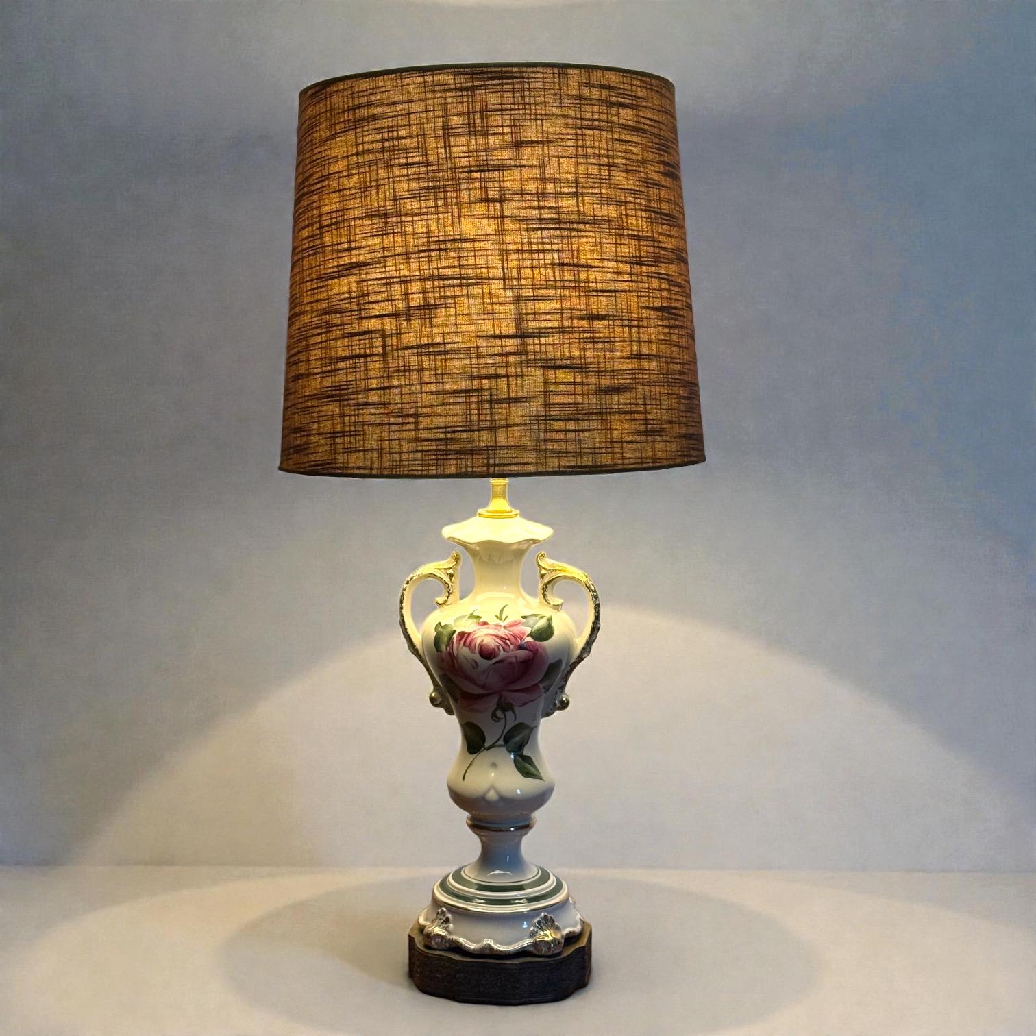 Antique Hand Painted Rose Ceramic Lamp