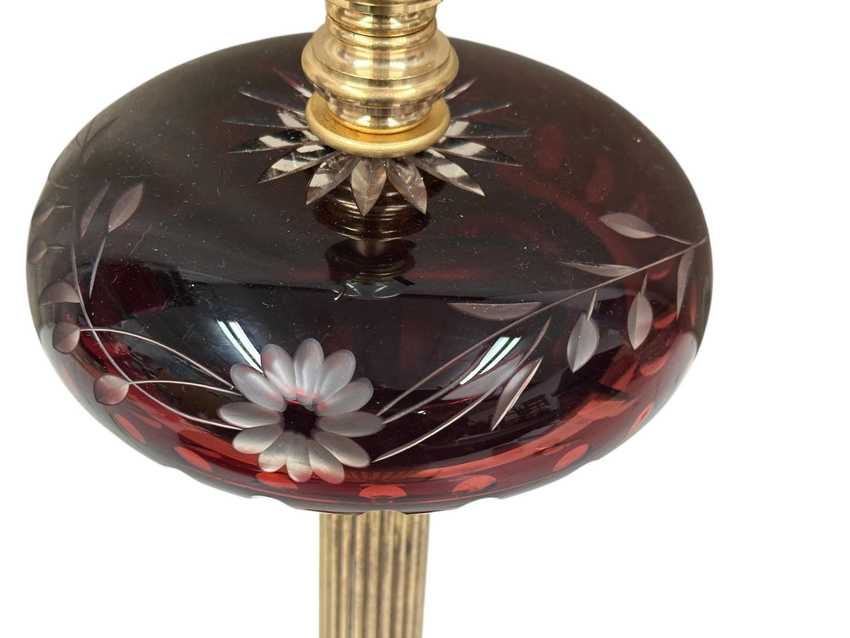 Ruby Cut to Clear Glass and Brass Lamp