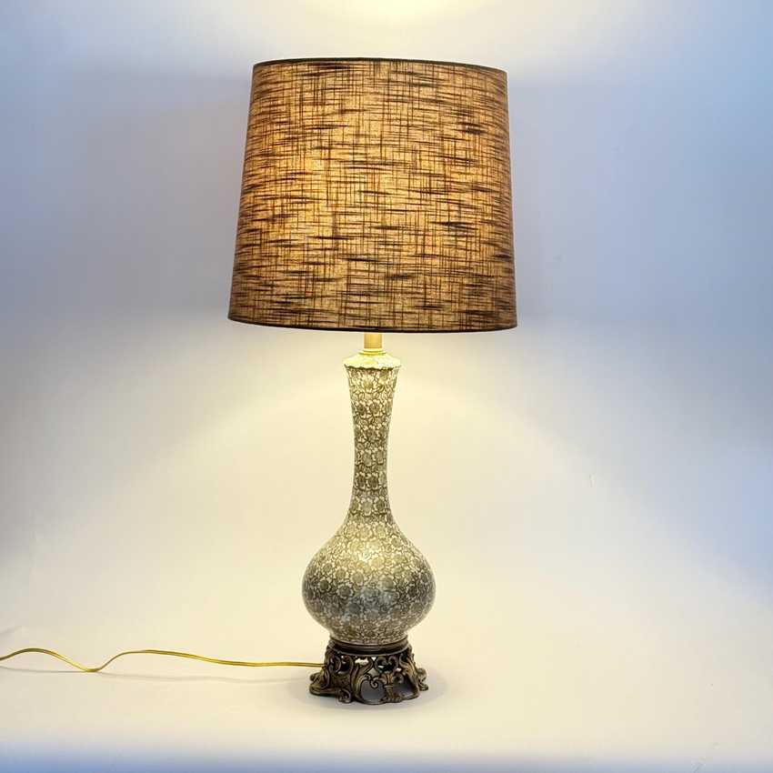 Metallic Gold Floral Pattern Lamp, Hollywood Regency Decorative Lamp, Glam Ornate Hollywood Lamp