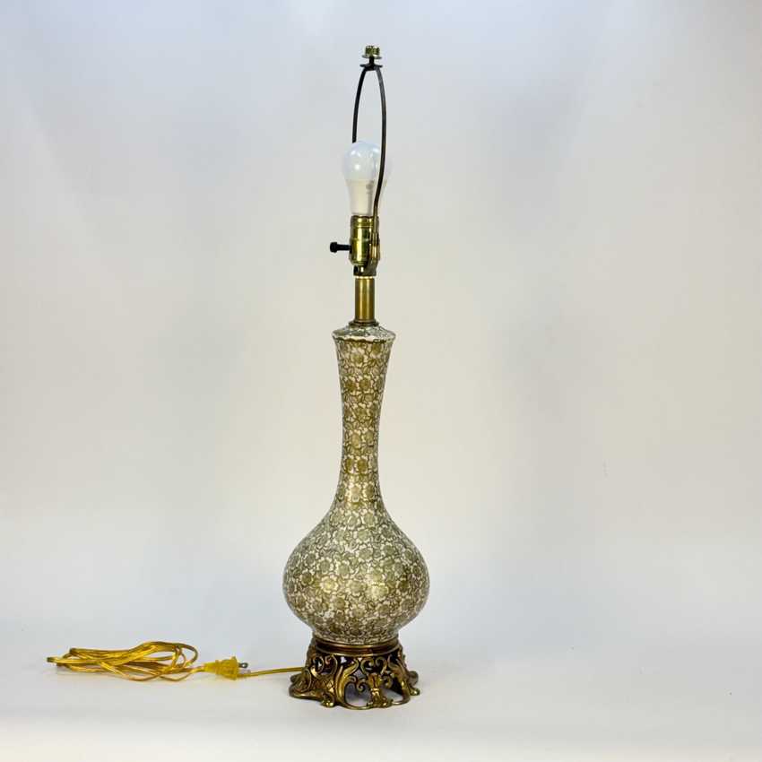 Metallic Gold Floral Pattern Lamp, Hollywood Regency Decorative Lamp, Glam Ornate Hollywood Lamp