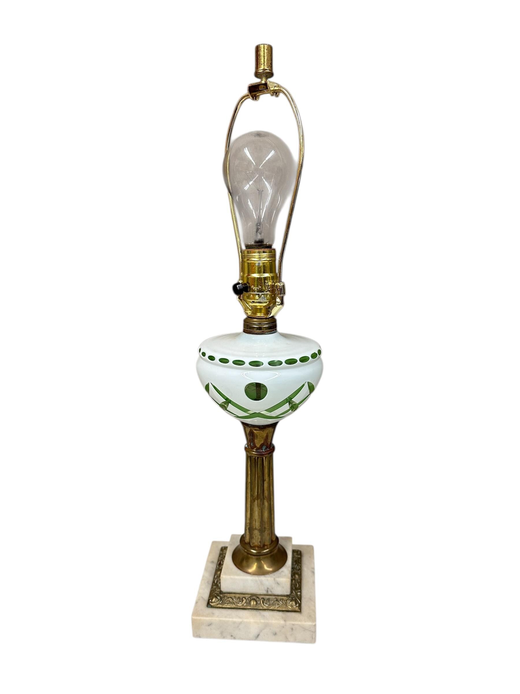 Bohemian Czech Emerald and White Cut Glass Lamp