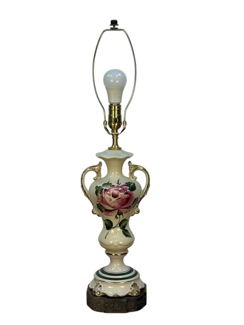 Antique Hand Painted Rose Ceramic Lamp
