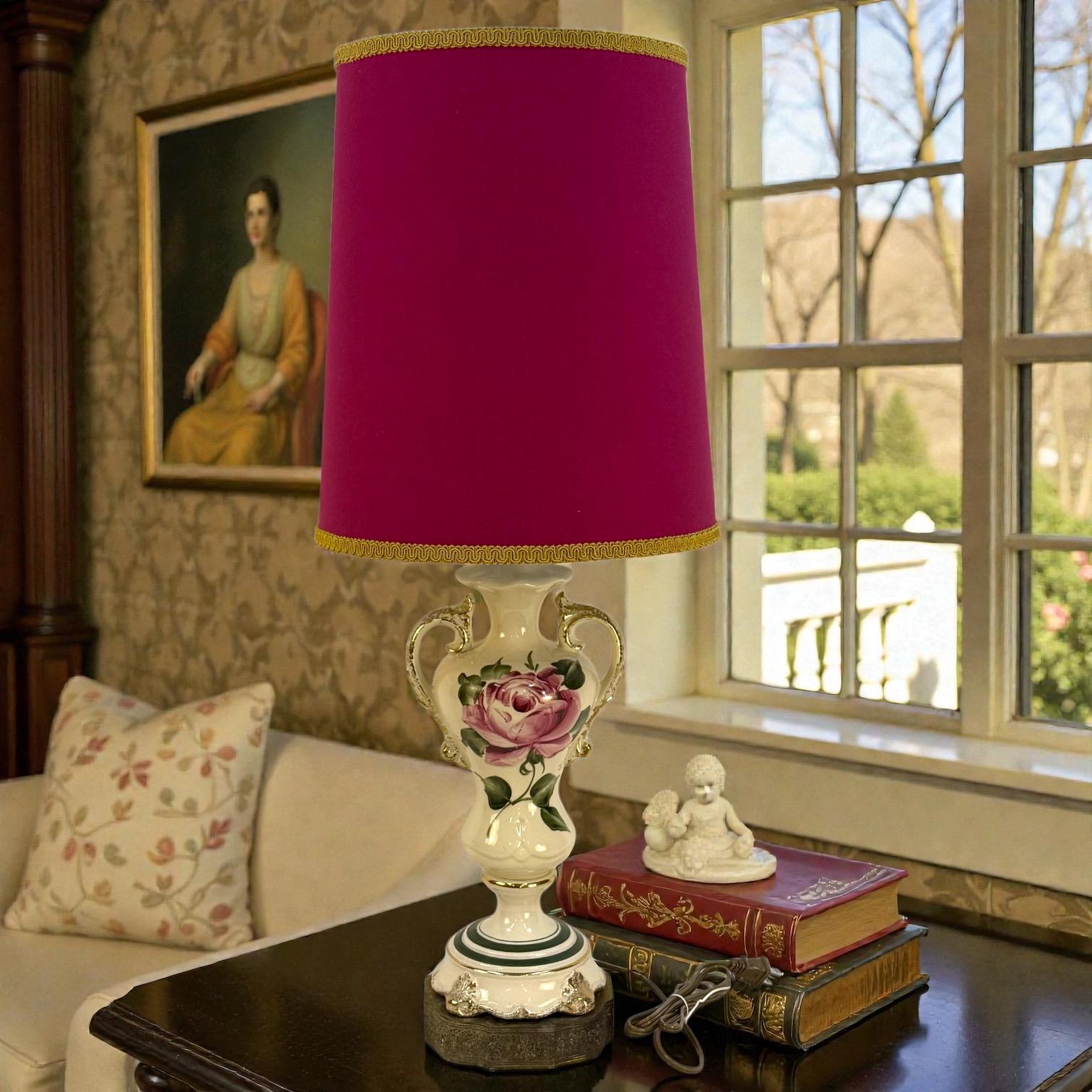 Antique Hand Painted Rose Ceramic Lamp