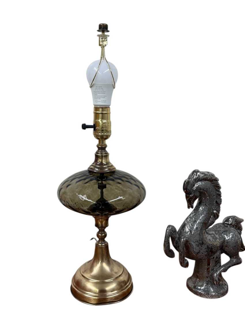 Smokey Grey Glass and Brass Lamp