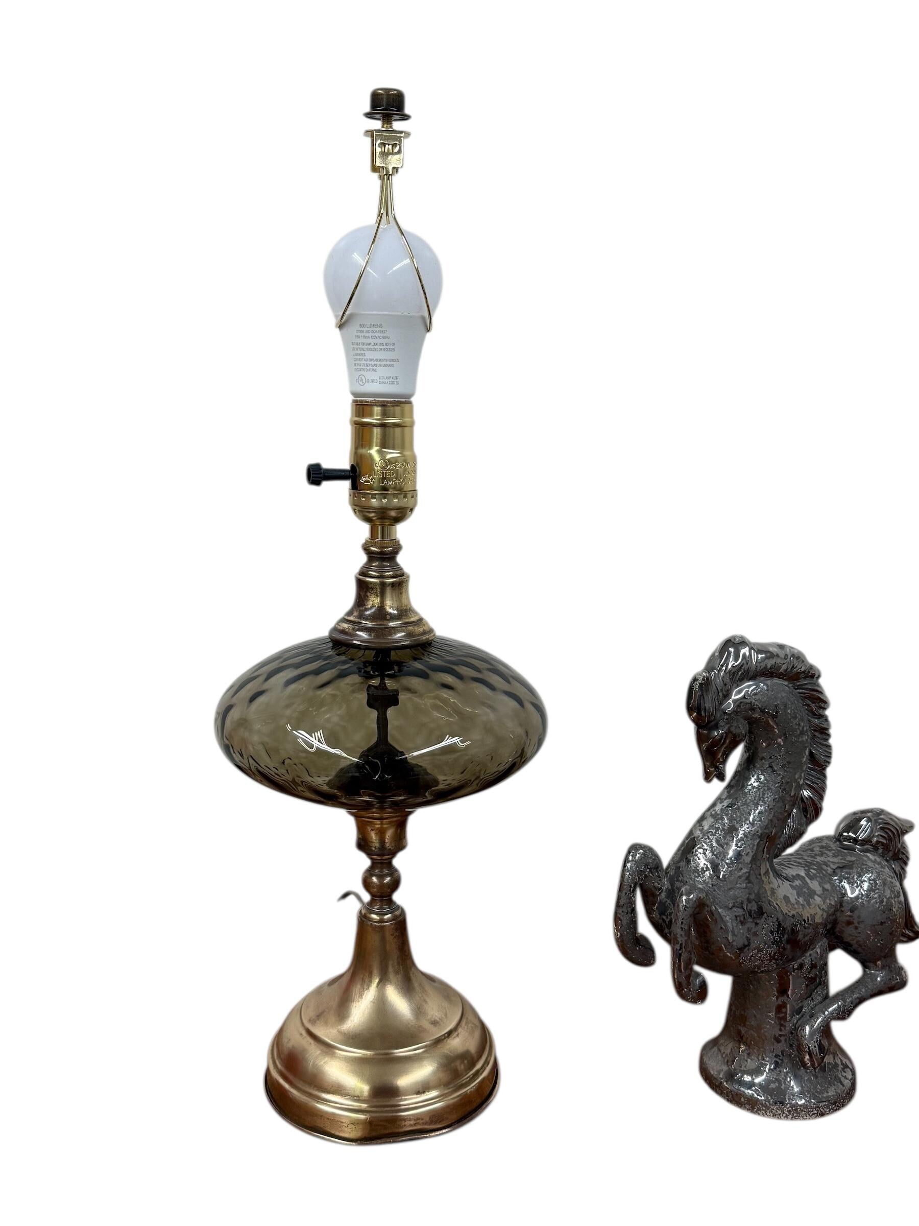 Smokey Grey Glass and Brass Lamp