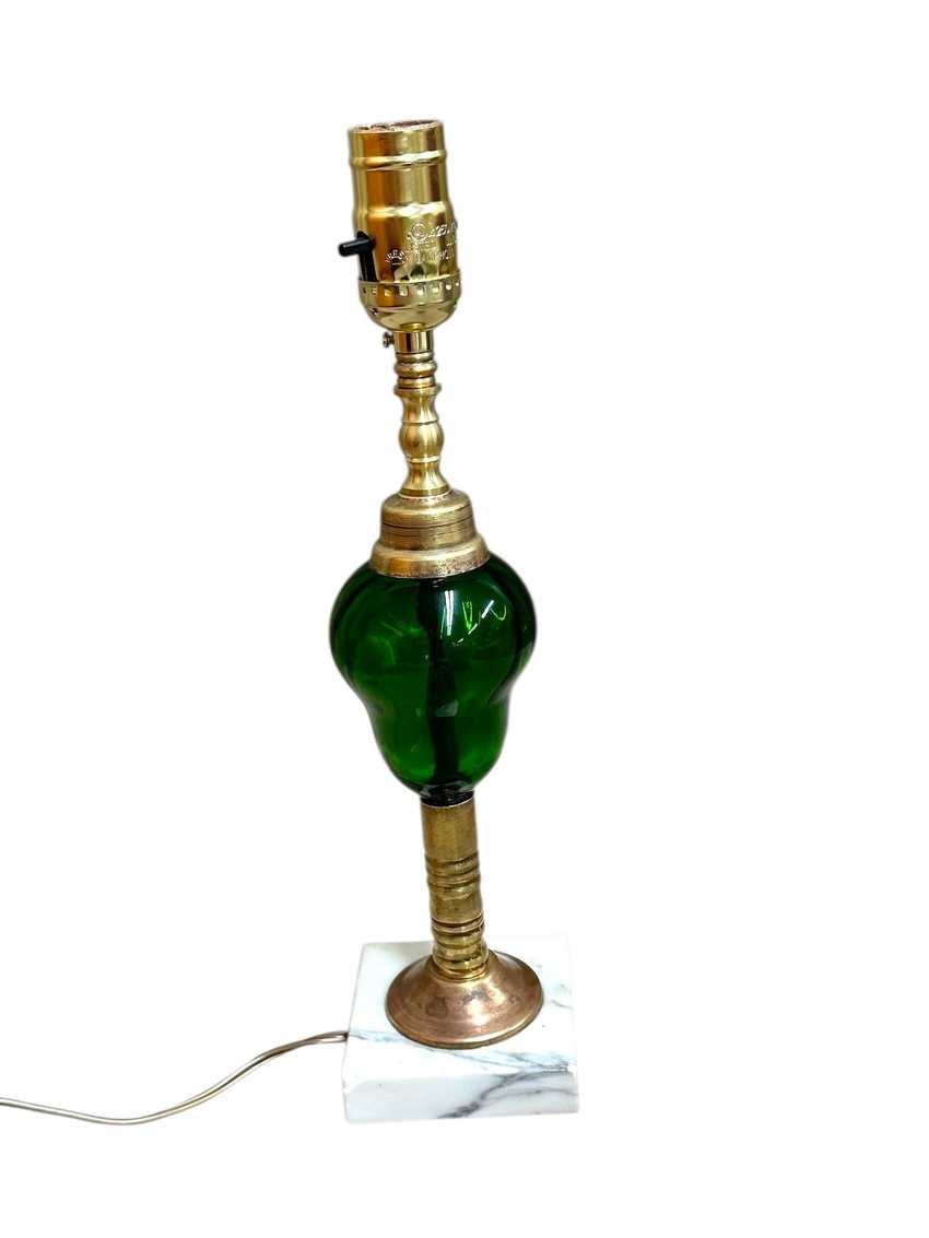 Vintage Green Glass Brass Lamp, Tabletop Vintage Lighting, Mid Century Retro Vintage Green Lamp