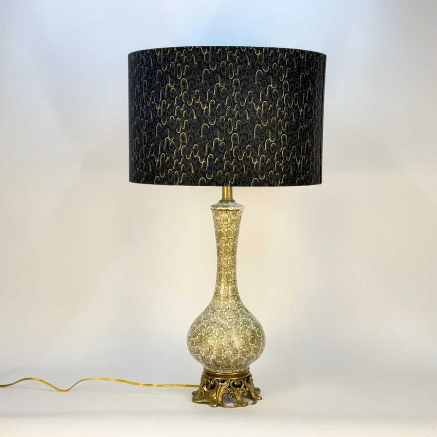 Metallic Gold Floral Pattern Lamp, Hollywood Regency Decorative Lamp, Glam Ornate Hollywood Lamp