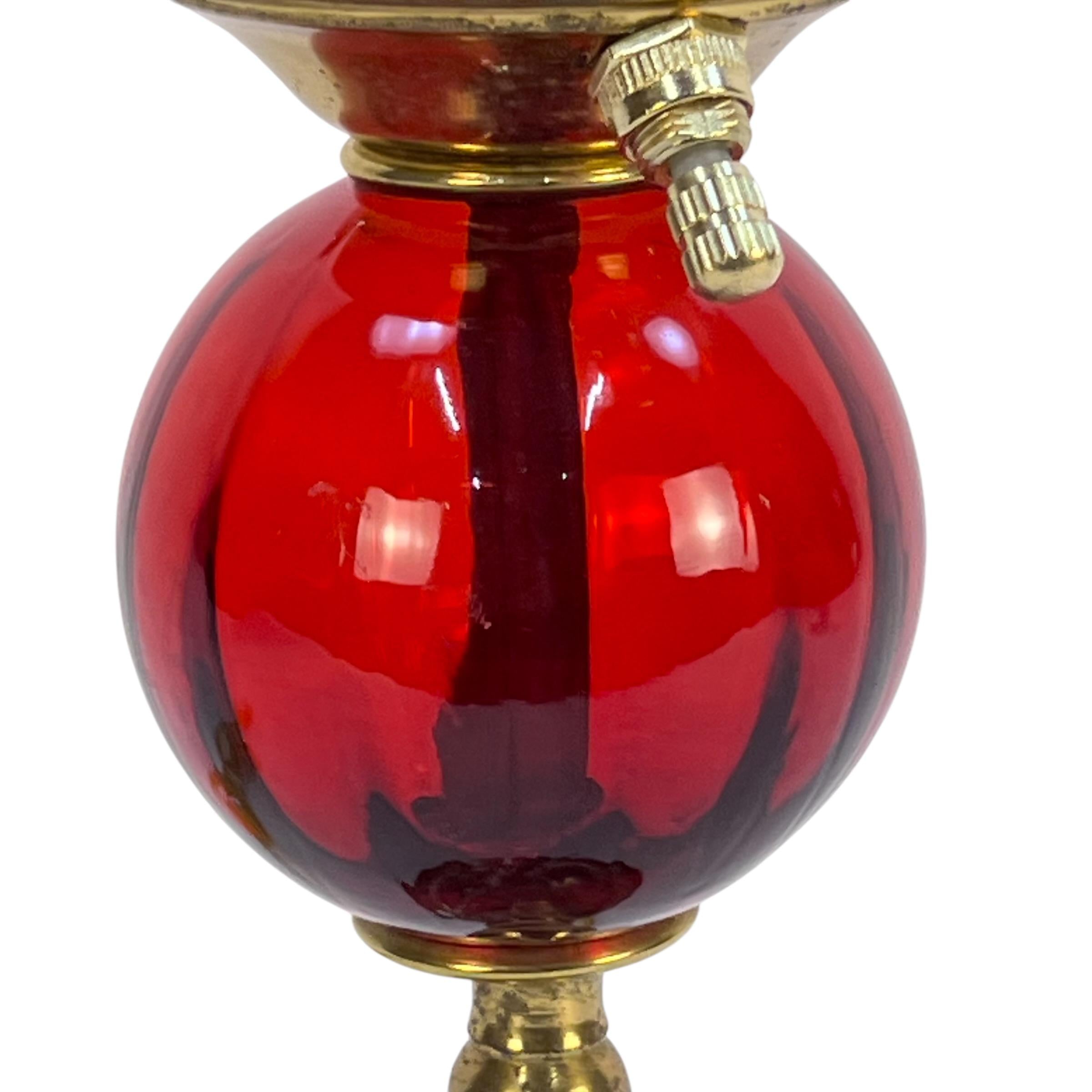 Small Red Glass and Brass Vintage Lamp