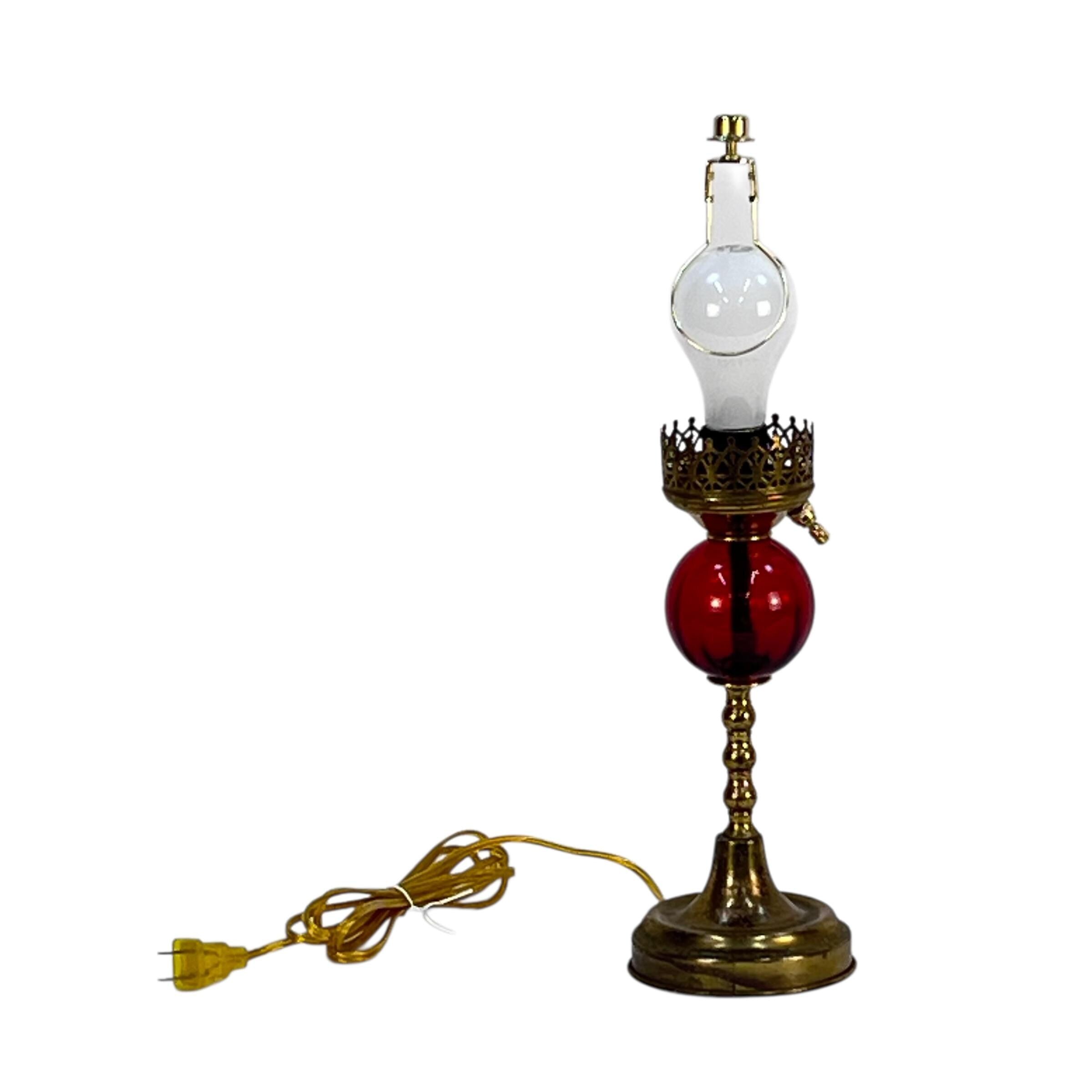 Small Red Glass and Brass Vintage Lamp