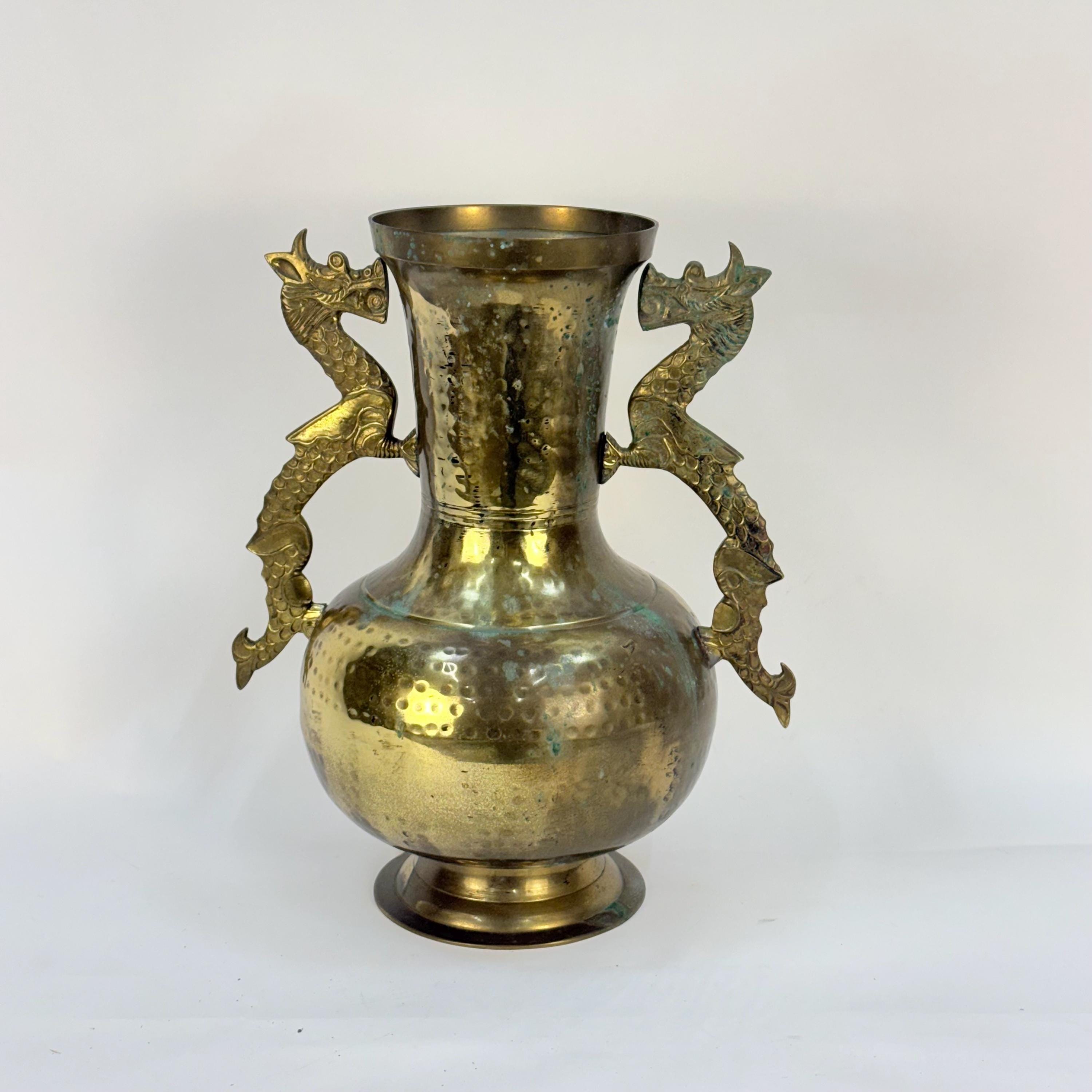 Hammered Brass Vase with Dragon Handles