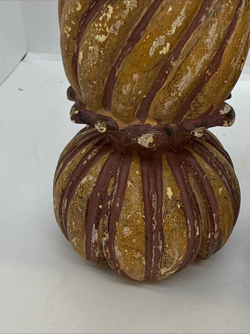Hand Carved Vintage Wood Curtain Finials Swirled Red and Yellow